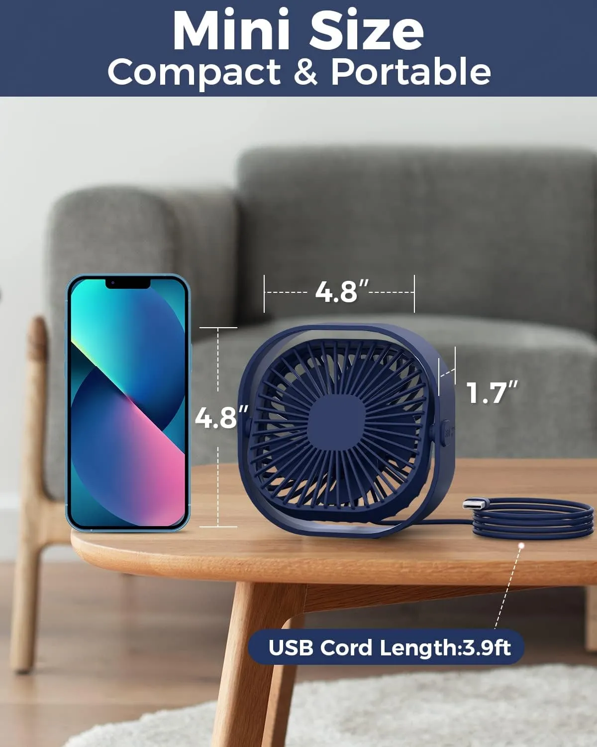 RJVW 4 Inch Small USB Desk Fan, 3-Speed Portable & 360Rotatable Mini Cooling Fan, USB-Powered Desktop Fan for Home Office Bedroom Dorm Indoor Outdoor Summer Gift