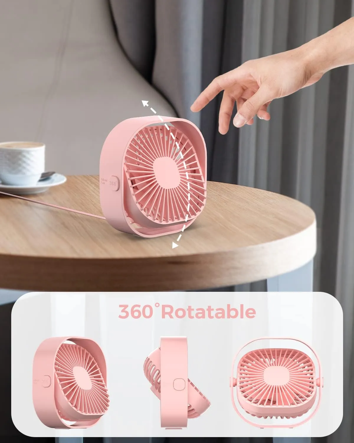 RJVW 4 Inch Small USB Desk Fan, 3-Speed Portable & 360Rotatable Mini Cooling Fan, USB-Powered Desktop Fan for Home Office Bedroom Dorm Indoor Outdoor Summer Gift