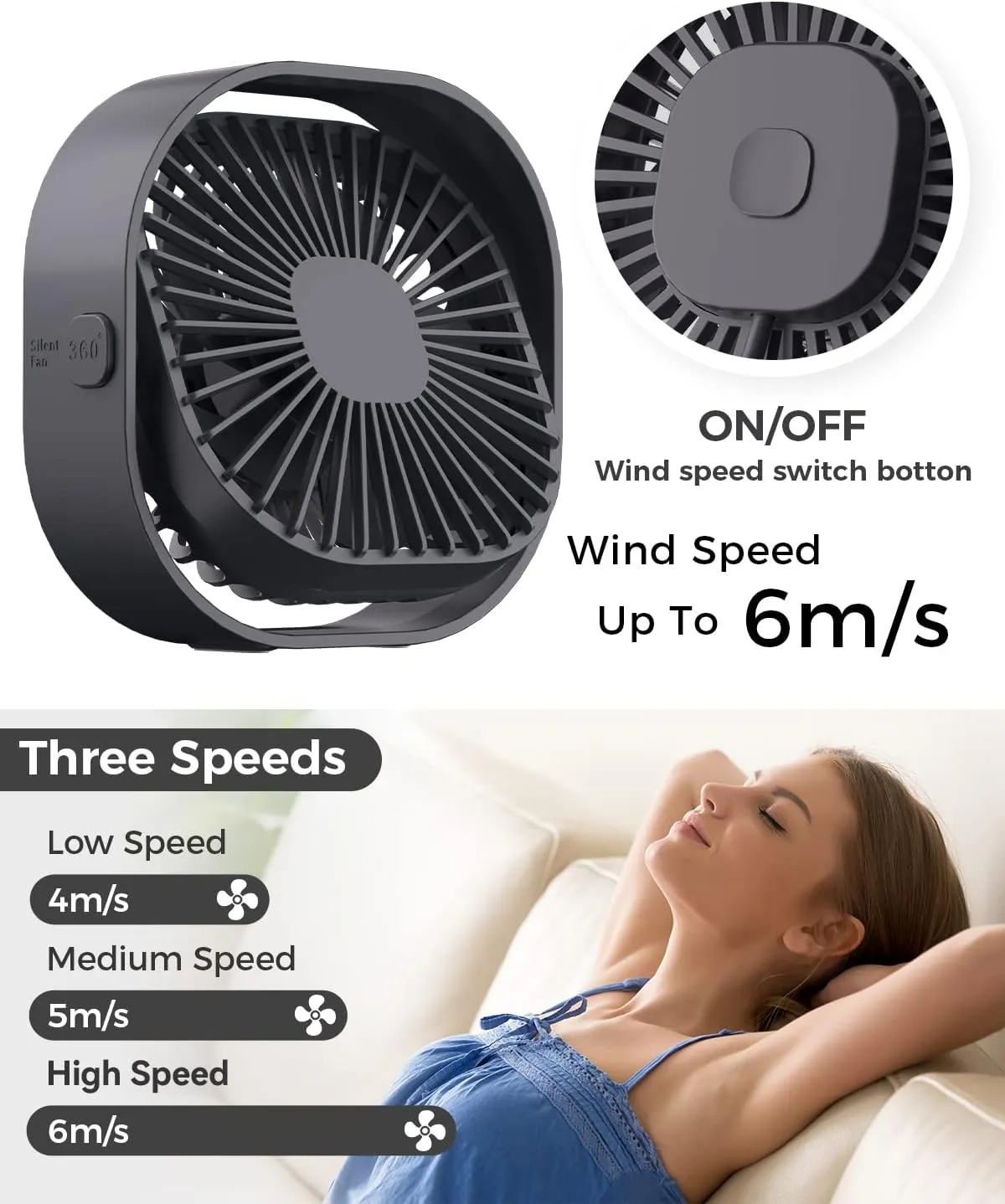 RJVW 4 Inch Small USB Desk Fan, 3-Speed Portable & 360Rotatable Mini Cooling Fan, USB-Powered Desktop Fan for Home Office Bedroom Dorm Indoor Outdoor Summer Gift