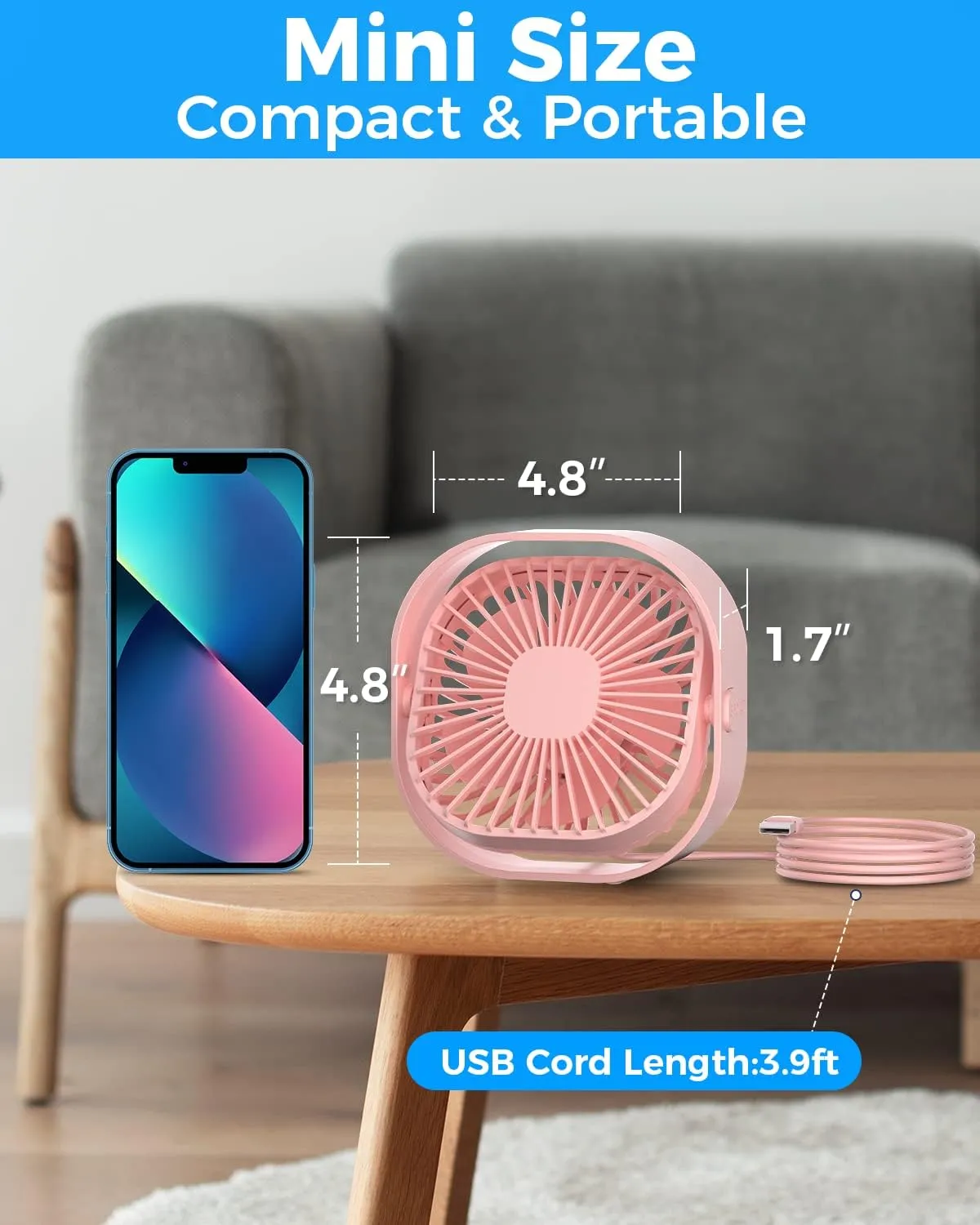 RJVW 4 Inch Small USB Desk Fan, 3-Speed Portable & 360Rotatable Mini Cooling Fan, USB-Powered Desktop Fan for Home Office Bedroom Dorm Indoor Outdoor Summer Gift