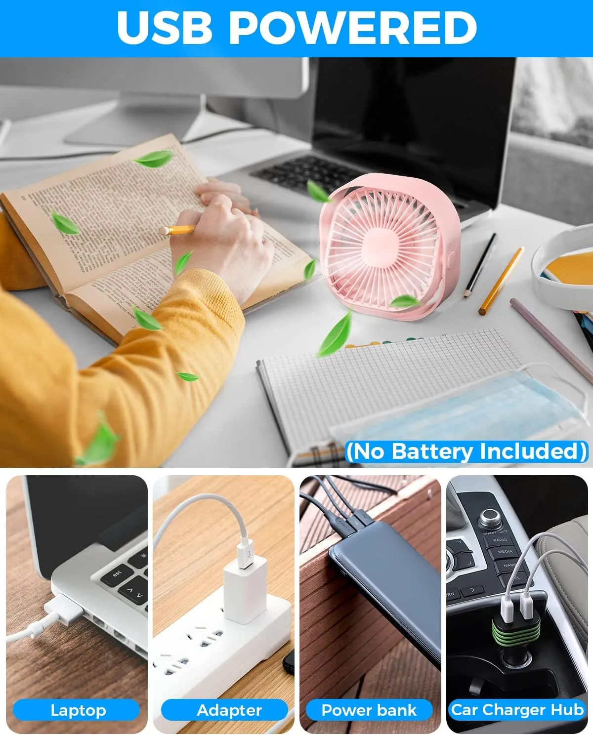 RJVW 4 Inch Small USB Desk Fan, 3-Speed Portable & 360Rotatable Mini Cooling Fan, USB-Powered Desktop Fan for Home Office Bedroom Dorm Indoor Outdoor Summer Gift