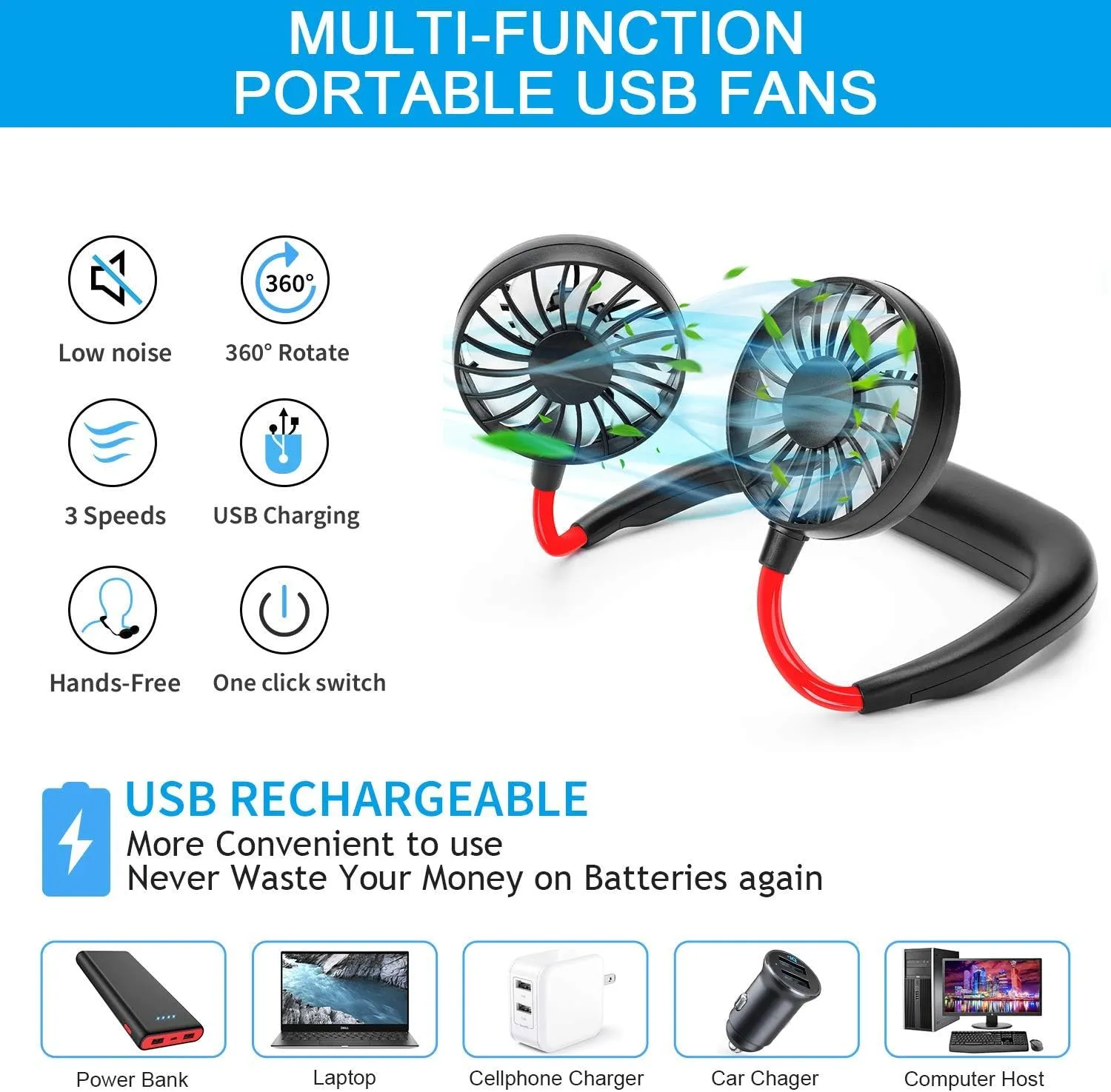 RJVW Portable Neck Fan, Hand Free Personal Hanging Neck Sports Fan USB Rechargeable (3 Speed Adjustable) Wearable Cooling Head Fan,360 Degree Free Rotation for Traveling, Sports, Office, Reading