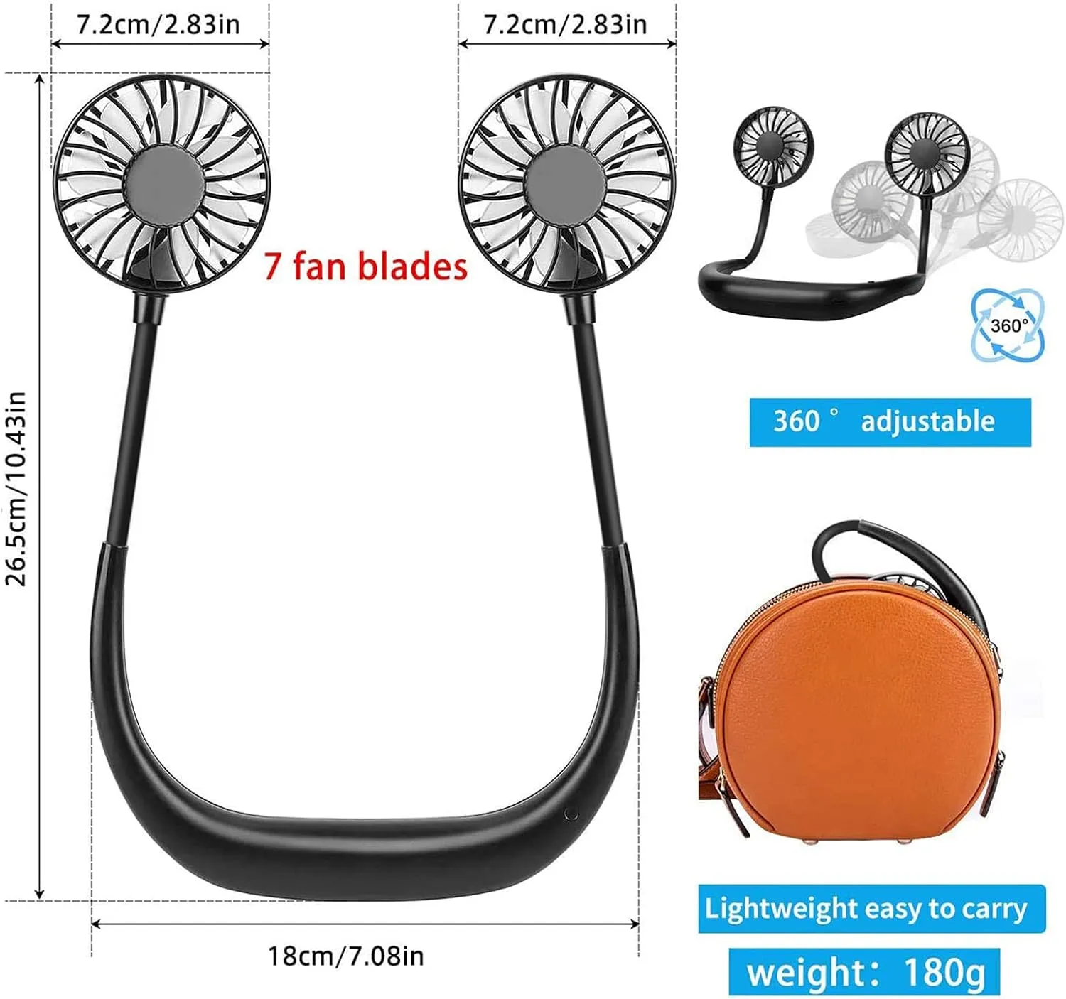 RJVW Portable Neck Fan, Hand Free Personal Hanging Neck Sports Fan USB Rechargeable (3 Speed Adjustable) Wearable Cooling Head Fan,360 Degree Free Rotation for Traveling, Sports, Office, Reading