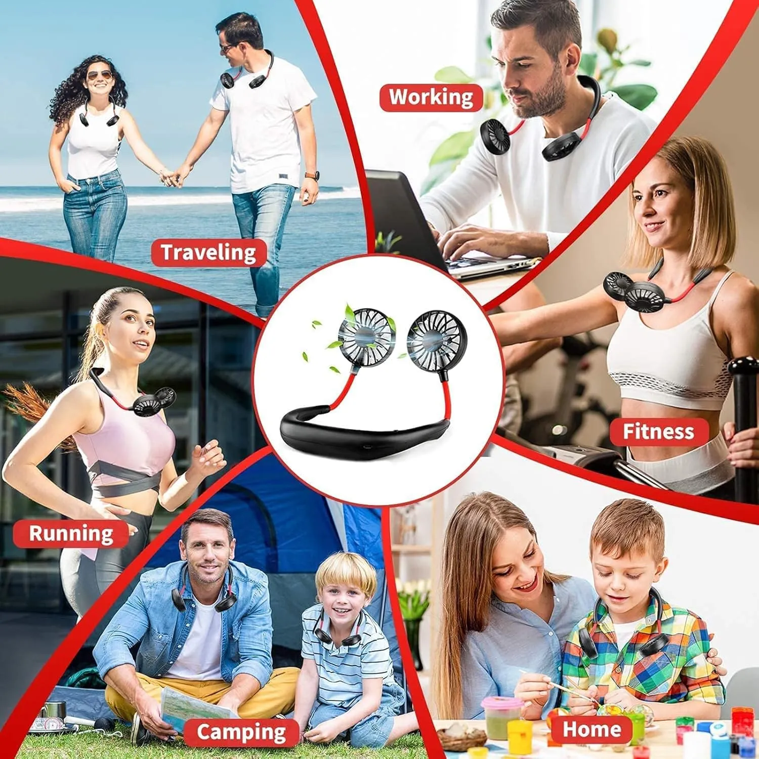 RJVW Portable Neck Fan, Hand Free Personal Hanging Neck Sports Fan USB Rechargeable (3 Speed Adjustable) Wearable Cooling Head Fan,360 Degree Free Rotation for Traveling, Sports, Office, Reading