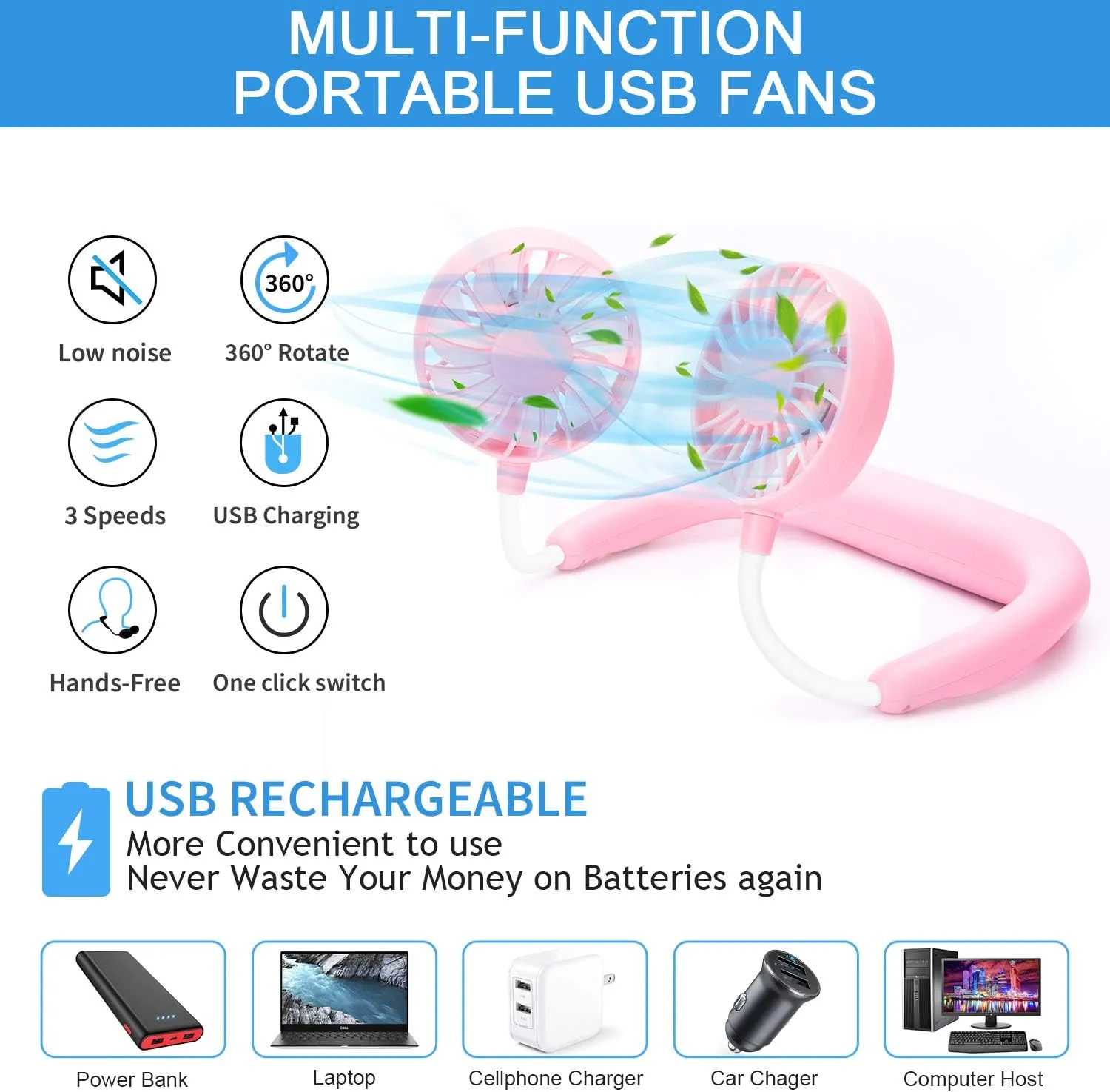 RJVW Portable Neck Fan, Hand Free Personal Hanging Neck Sports Fan USB Rechargeable (3 Speed Adjustable) Wearable Cooling Head Fan,360 Degree Free Rotation for Traveling, Sports, Office, Reading
