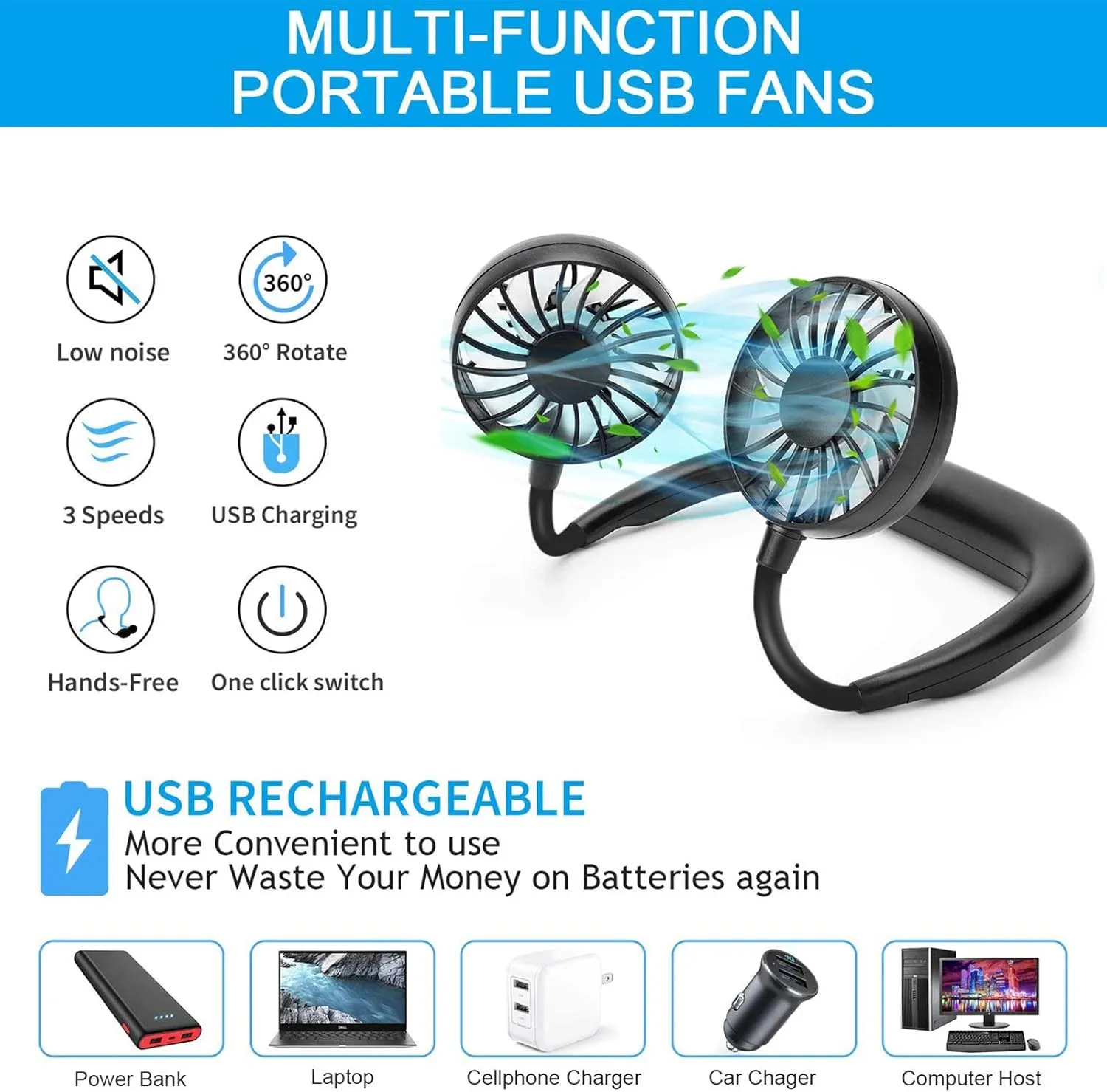 RJVW Portable Neck Fan, Hand Free Personal Hanging Neck Sports Fan USB Rechargeable (3 Speed Adjustable) Wearable Cooling Head Fan,360 Degree Free Rotation for Traveling, Sports, Office, Reading