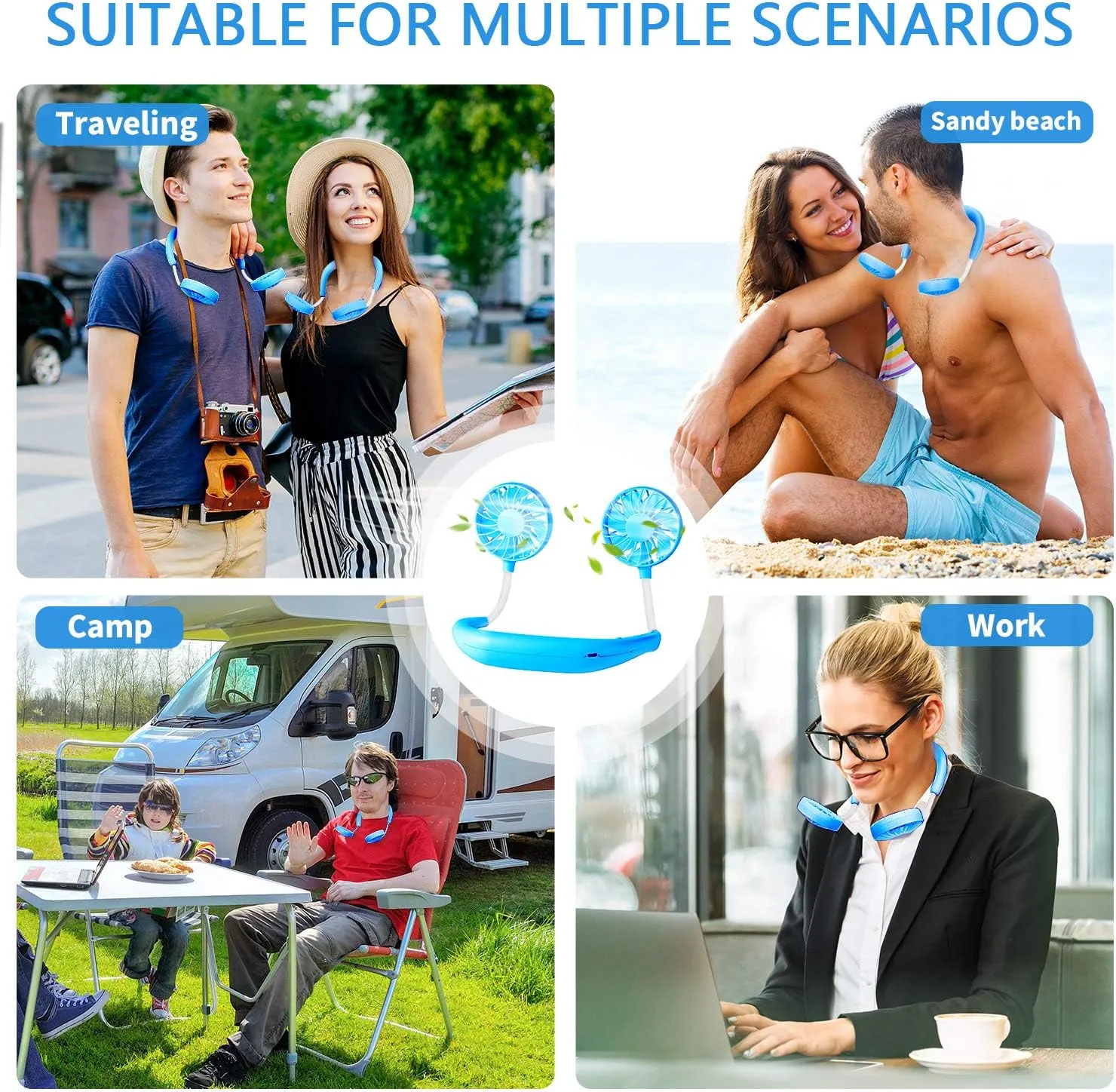 RJVW Portable Neck Fan, Hand Free Personal Hanging Neck Sports Fan USB Rechargeable (3 Speed Adjustable) Wearable Cooling Head Fan,360 Degree Free Rotation for Traveling, Sports, Office, Reading