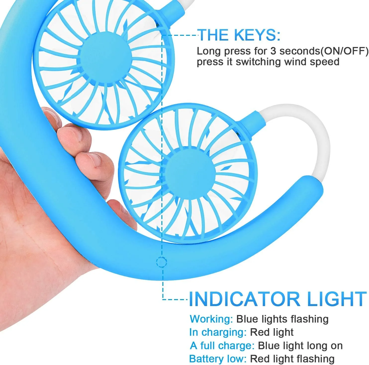 RJVW Portable Neck Fan, Hand Free Personal Hanging Neck Sports Fan USB Rechargeable (3 Speed Adjustable) Wearable Cooling Head Fan,360 Degree Free Rotation for Traveling, Sports, Office, Reading