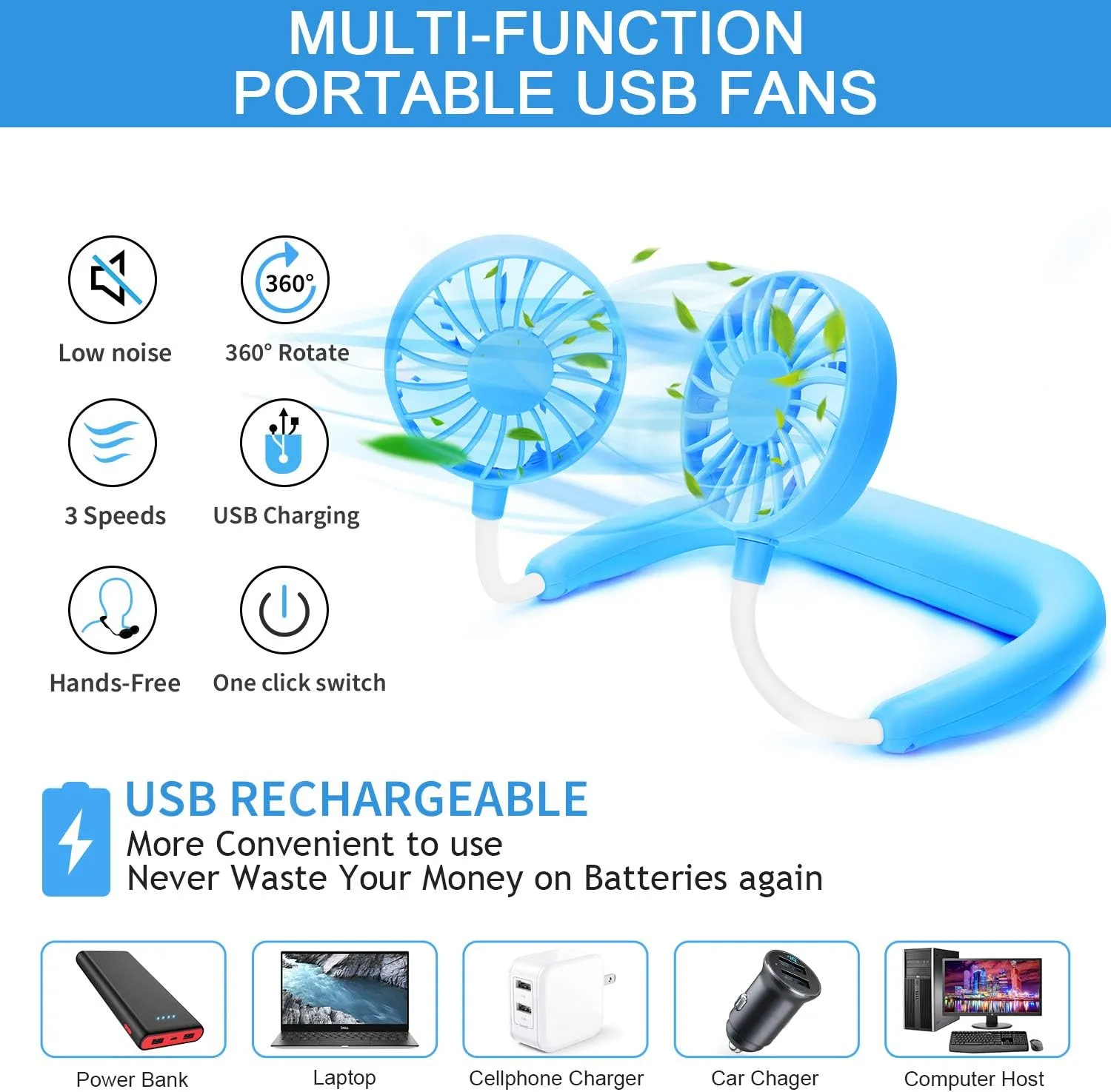 RJVW Portable Neck Fan, Hand Free Personal Hanging Neck Sports Fan USB Rechargeable (3 Speed Adjustable) Wearable Cooling Head Fan,360 Degree Free Rotation for Traveling, Sports, Office, Reading