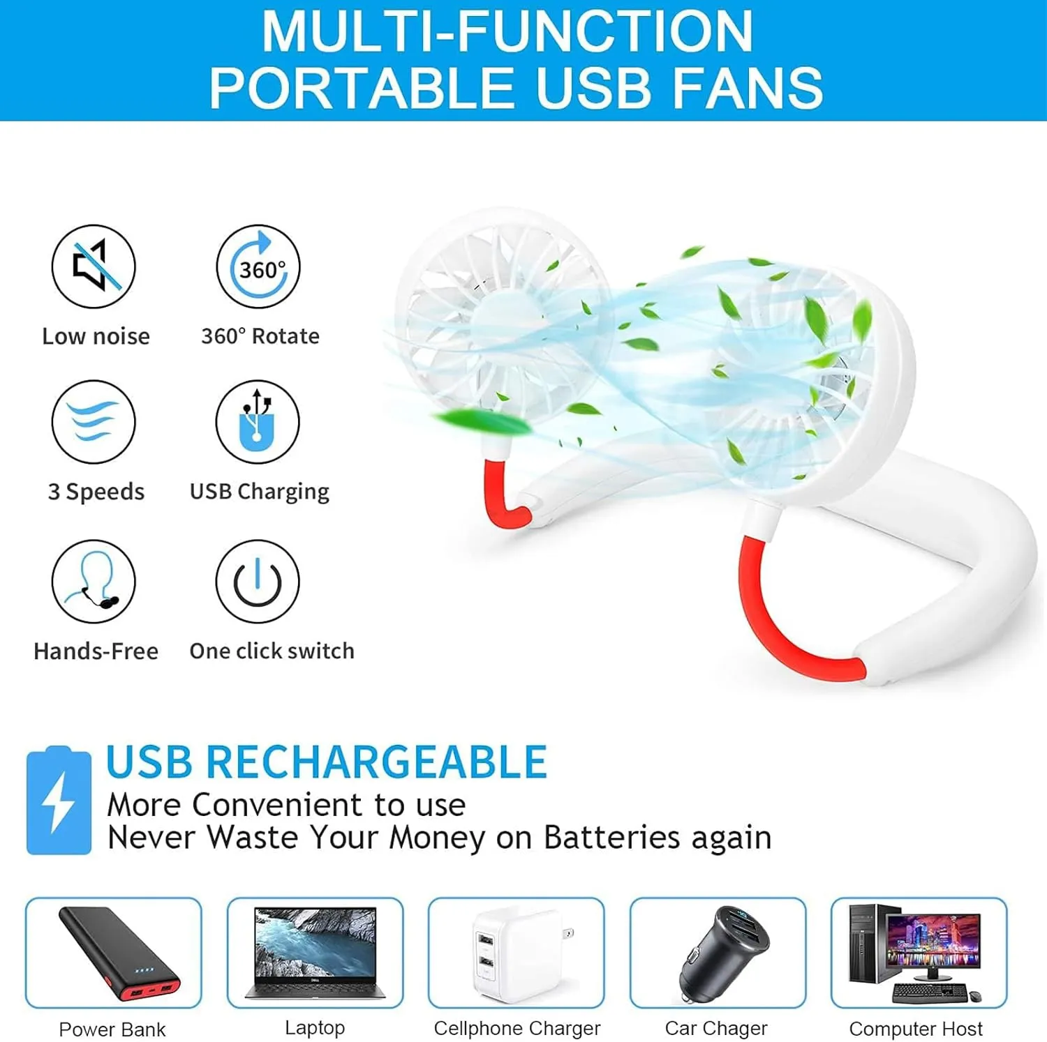 RJVW Portable Neck Fan, Hand Free Personal Hanging Neck Sports Fan USB Rechargeable (3 Speed Adjustable) Wearable Cooling Head Fan,360 Degree Free Rotation for Traveling, Sports, Office, Reading
