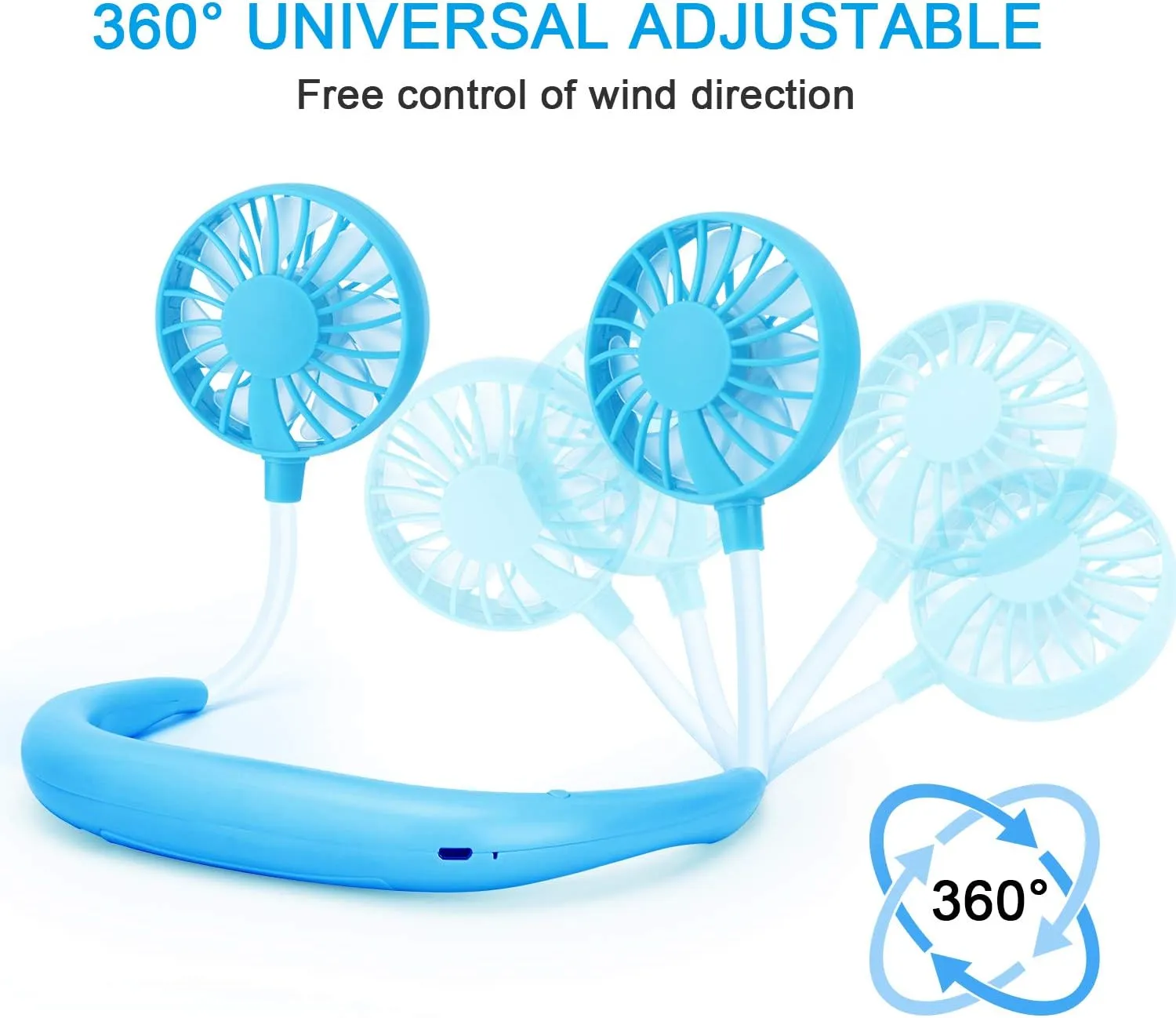 RJVW Portable Neck Fan, Hand Free Personal Hanging Neck Sports Fan USB Rechargeable (3 Speed Adjustable) Wearable Cooling Head Fan,360 Degree Free Rotation for Traveling, Sports, Office, Reading