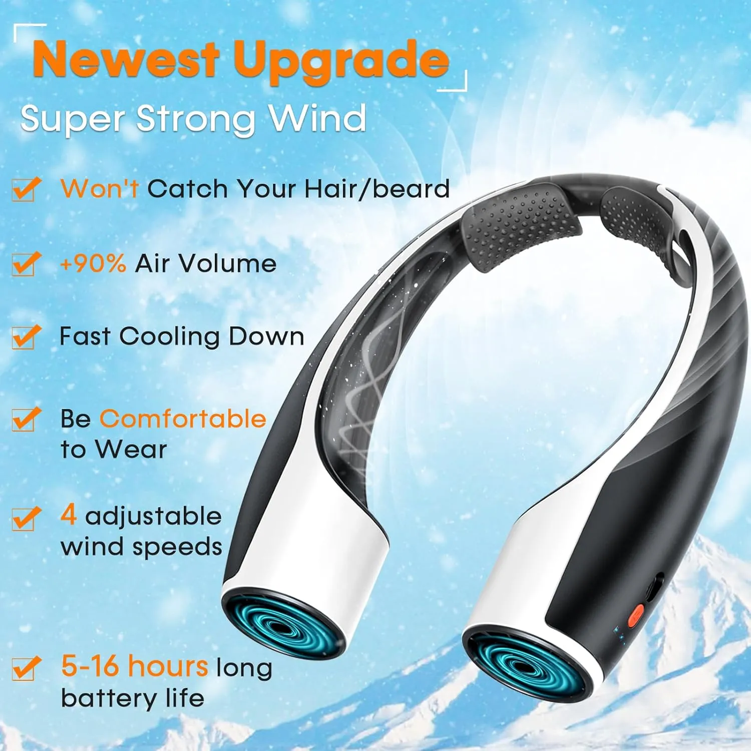 Rohent 2-Pack Hands-Free Neck Fan - 4000mAh USB-C Rechargeable with Turbo Cooling Ultra-Quiet 4 Speeds 360 Airflow for Travel Outdoors (Black)