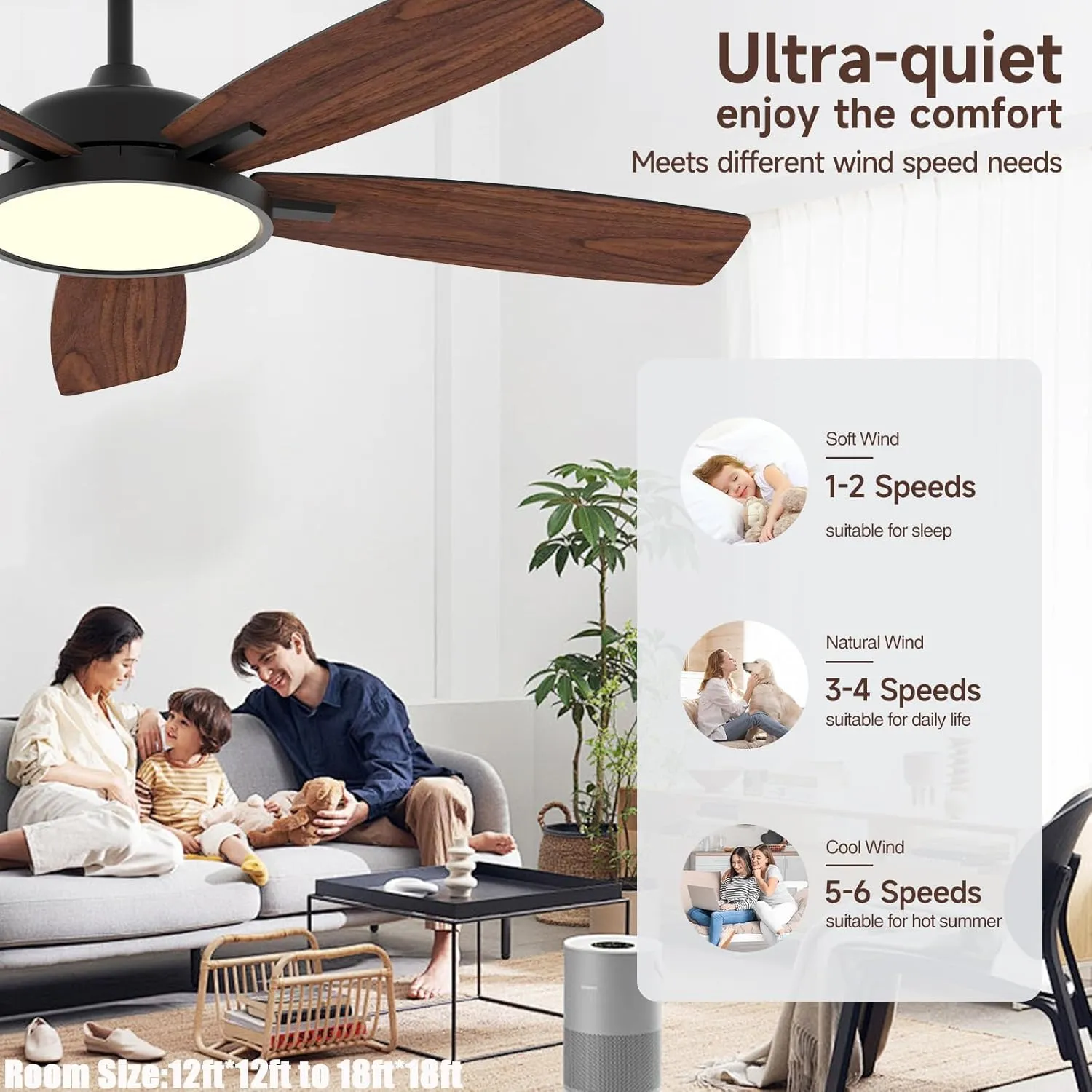 Roomratv 52 Inch Smart Ceiling Fan with Light,App Control,Ultra Silent Reversible DC Motor Fan Remote Control Compatible with Alexa Google homeblack