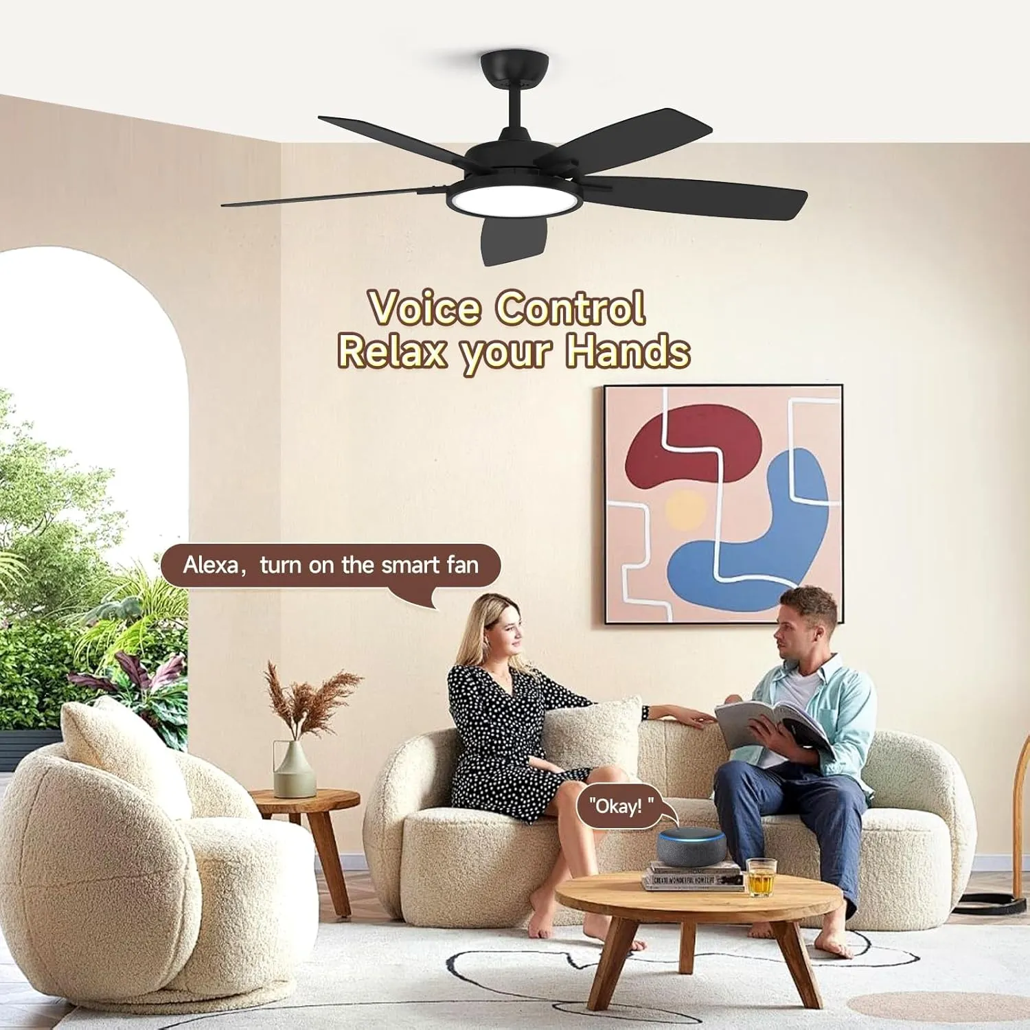 Roomratv 52 Inch Smart Ceiling Fan with Light,App Control,Ultra Silent Reversible DC Motor Fan Remote Control Compatible with Alexa Google homeblack