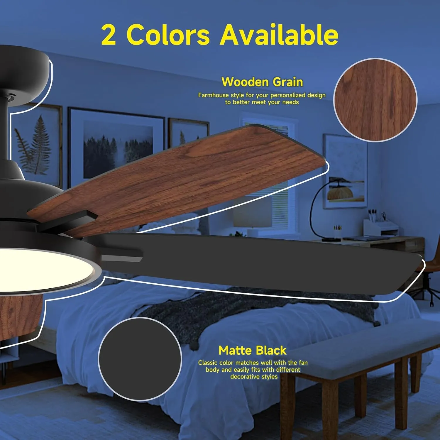 Roomratv 52 Inch Smart Ceiling Fan with Light,App Control,Ultra Silent Reversible DC Motor Fan Remote Control Compatible with Alexa Google homeblack