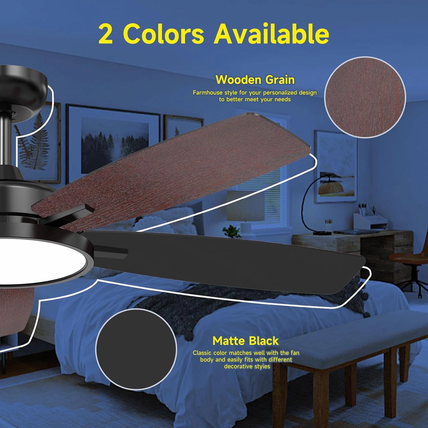 Roomratv Ceiling Fans with Lights,52 Inch,Remote Control,Dimmable,Quiet Reversible DC Motor,Black Ceiling Fan for Living Room,Bedroom,Kitchens,Outdoor Patio,Farmhouse