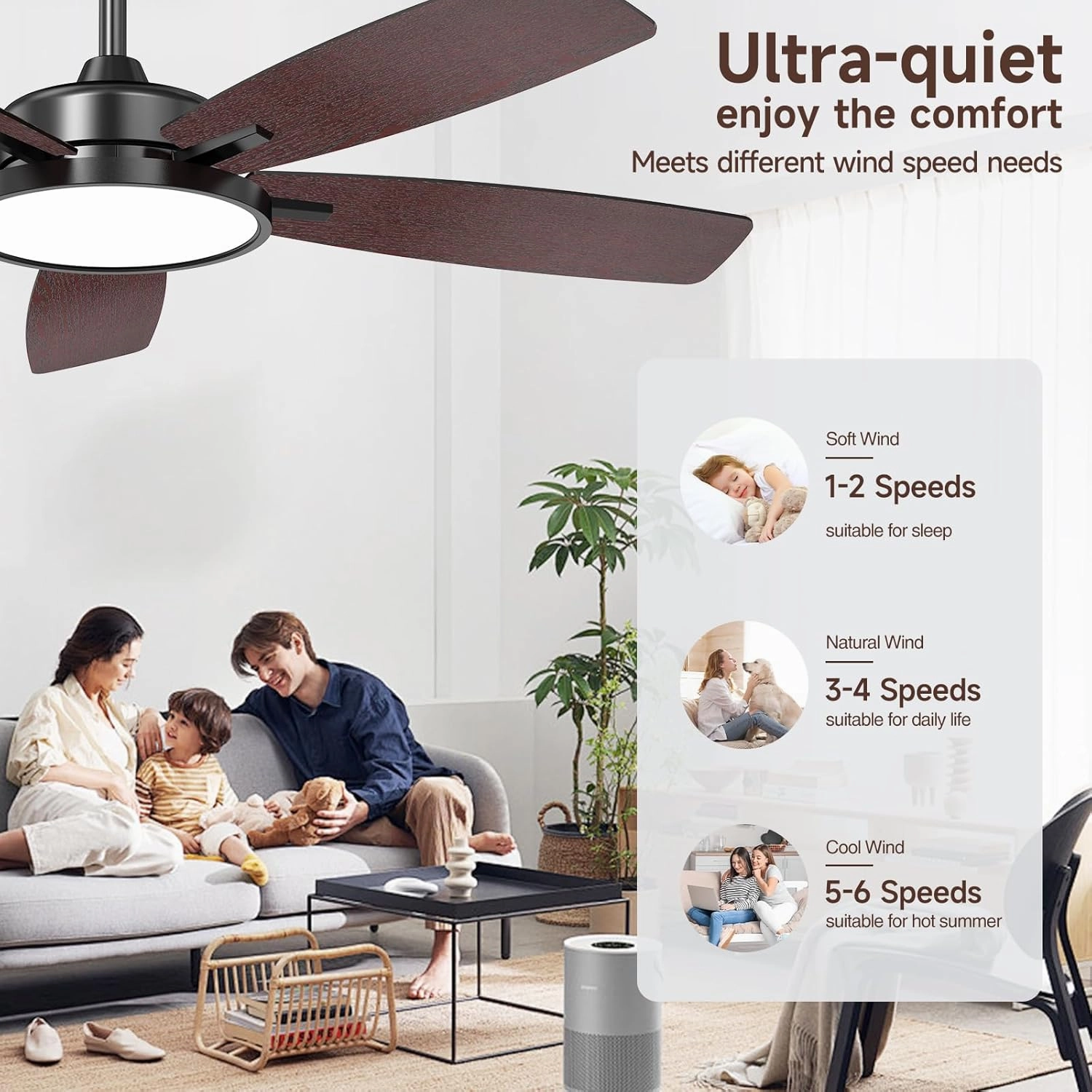 Roomratv Ceiling Fans with Lights,52 Inch,Remote Control,Dimmable,Quiet Reversible DC Motor,Black Ceiling Fan for Living Room,Bedroom,Kitchens,Outdoor Patio,Farmhouse