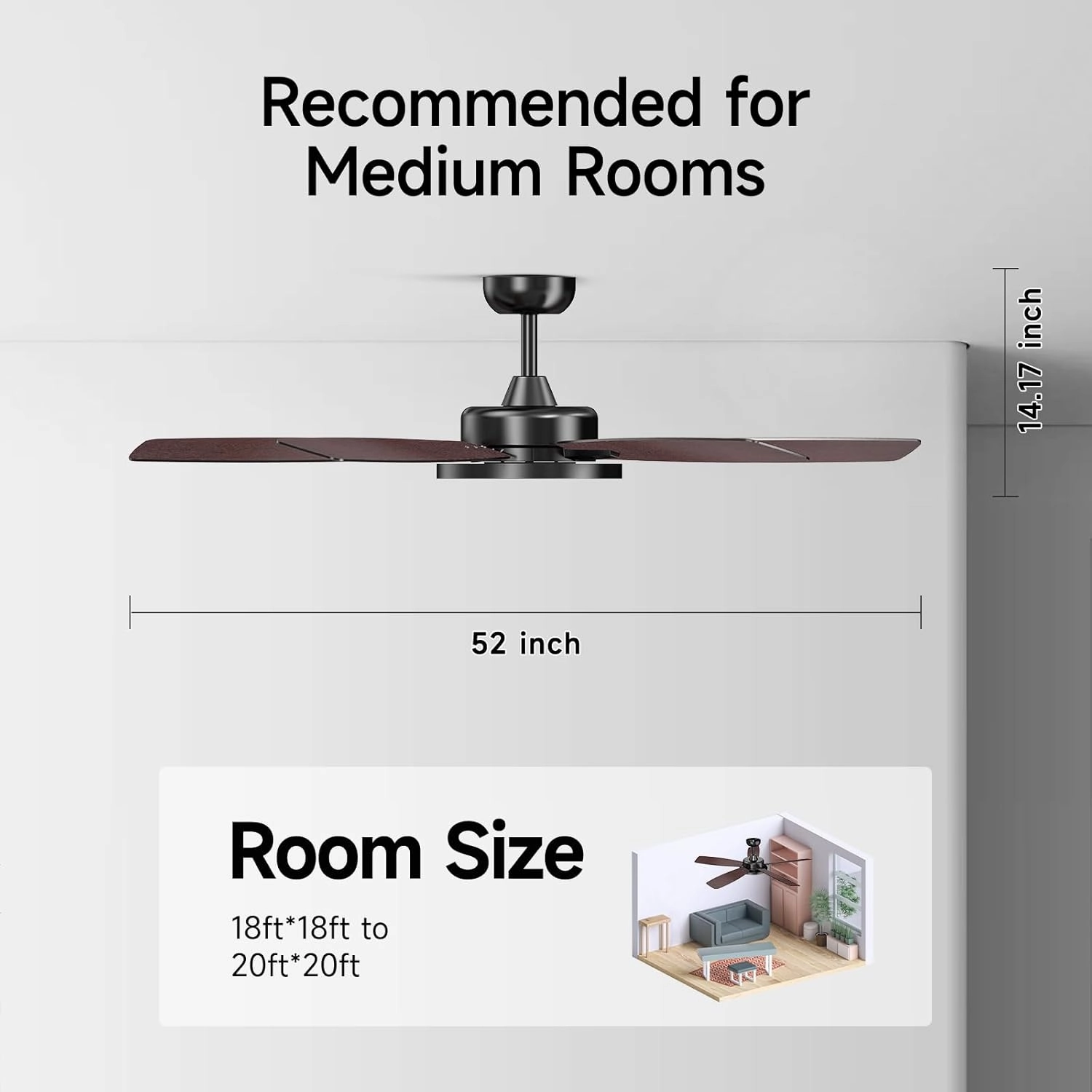 Roomratv Ceiling Fans with Lights,52 Inch,Remote Control,Dimmable,Quiet Reversible DC Motor,Black Ceiling Fan for Living Room,Bedroom,Kitchens,Outdoor Patio,Farmhouse