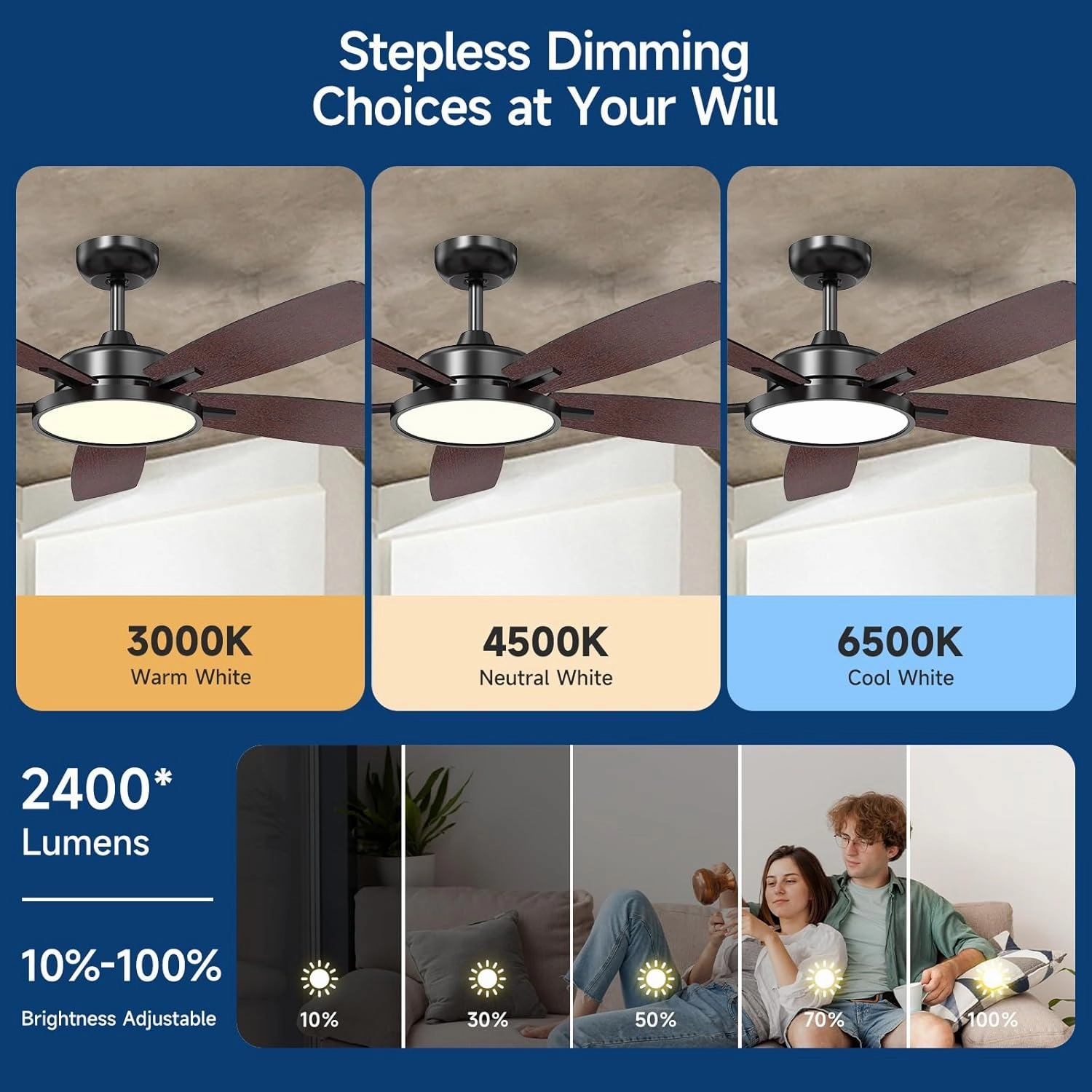 Roomratv Ceiling Fans with Lights,52 Inch,Remote Control,Dimmable,Quiet Reversible DC Motor,Black Ceiling Fan for Living Room,Bedroom,Kitchens,Outdoor Patio,Farmhouse