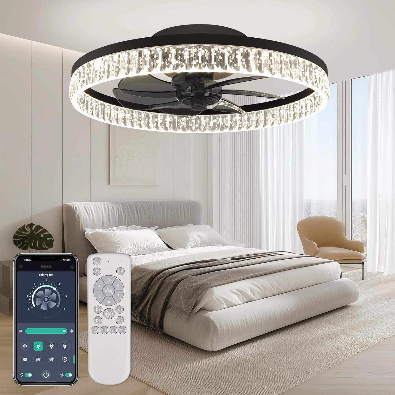 ropelux Ceiling Fan with Light (Crystal-Black) App-controlled remote fan for convenience