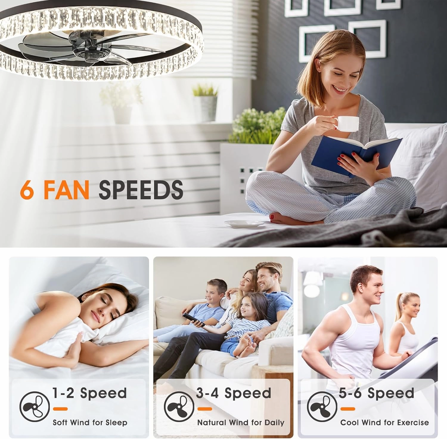 ropelux Ceiling Fan with Light (Crystal-Black)