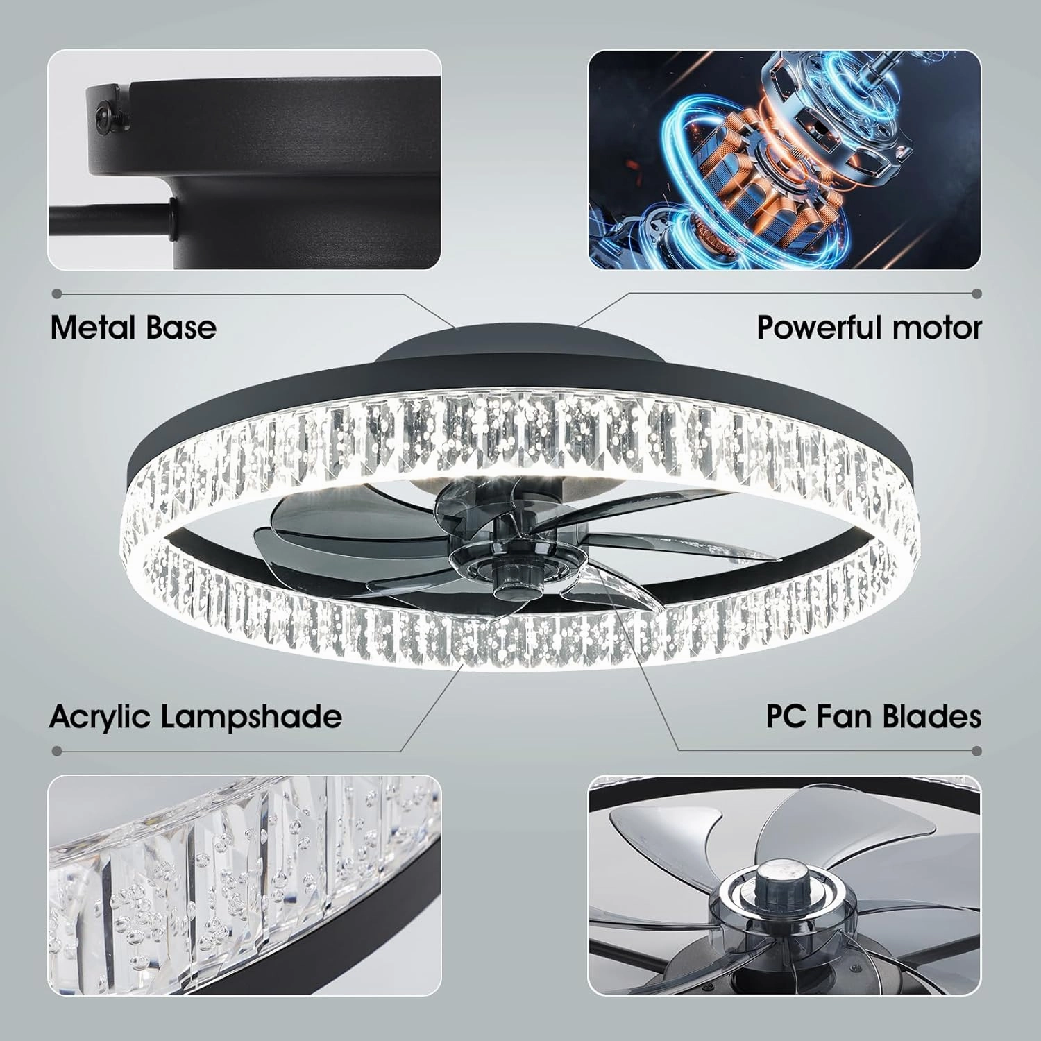 ropelux Ceiling Fan with Light (Crystal-Black)