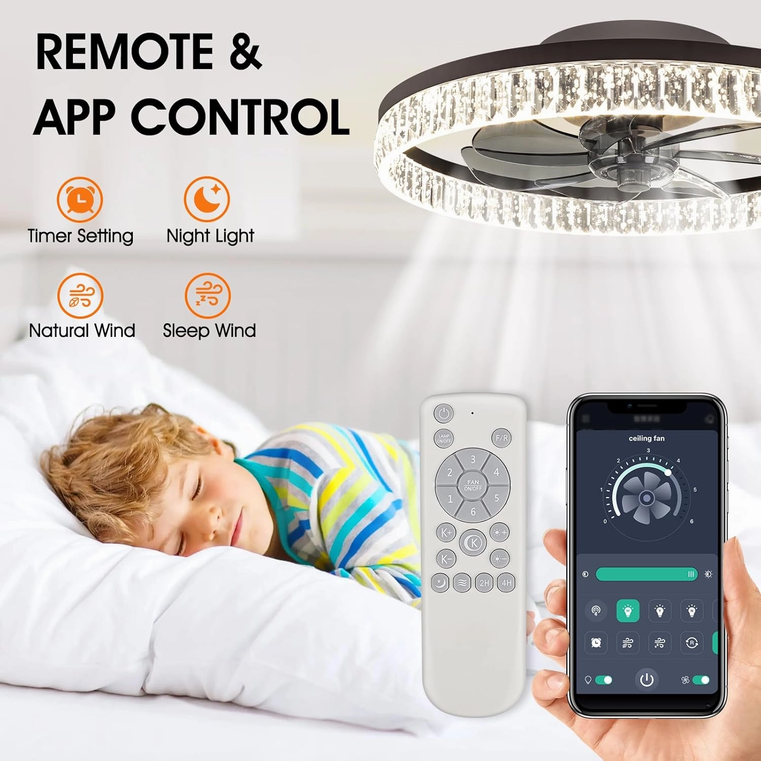 ropelux Ceiling Fan with Light (Crystal-Black)