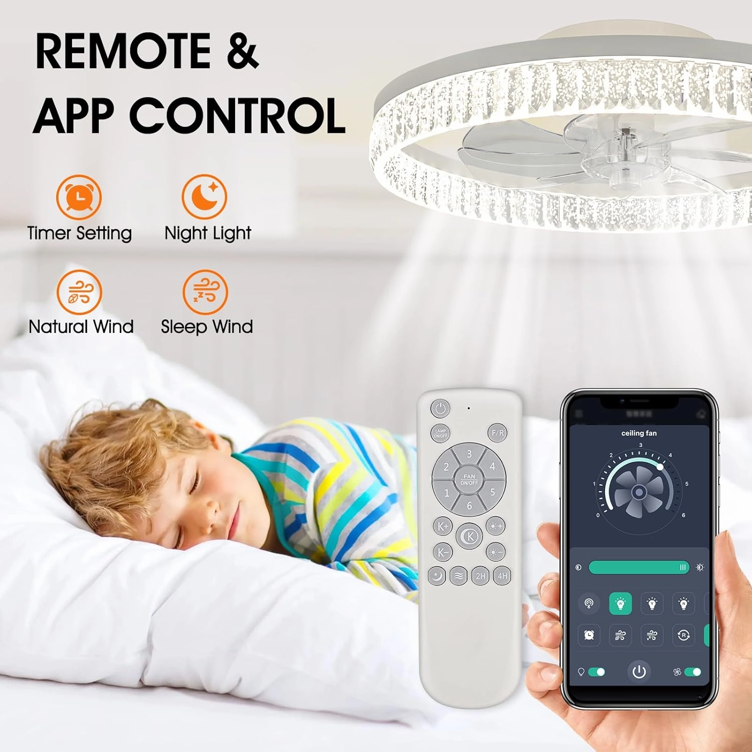 ropelux Ceiling Fan with Light (Crystal-White)