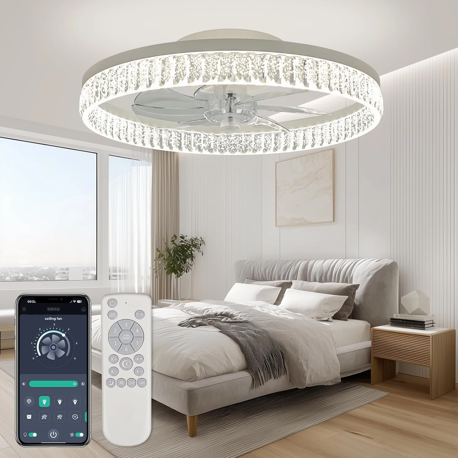 ropelux Ceiling Fan with Light (Crystal-White) App-controlled remote fan for convenience