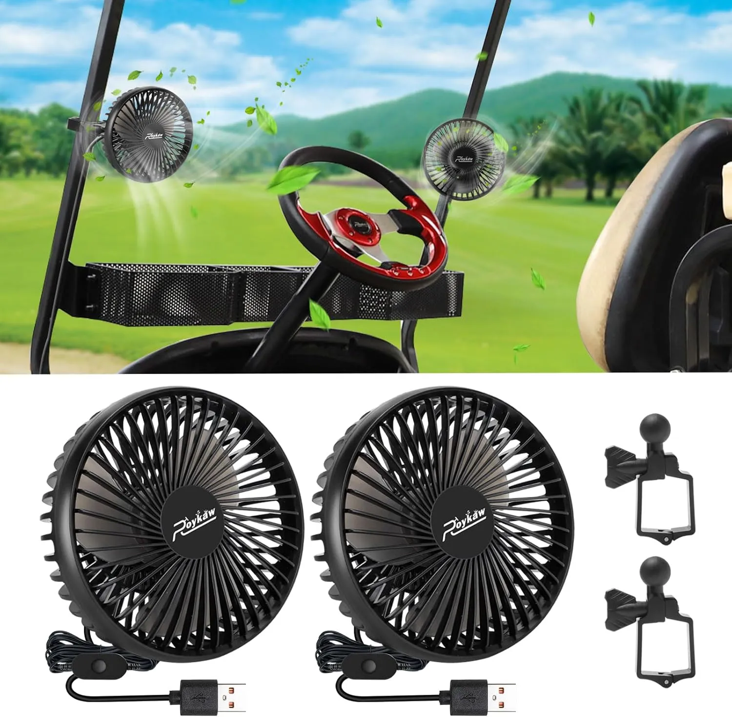 Roykaw Golf Cart Fan Portable USB Input Compatible with EZGO Club Car Yamaha, 3-Speed Settings, 360 Degree Rotation, Long Lasting, Low Noise Designed, Quick Release & Won't Fall Off 360-degree rotating fan for home use