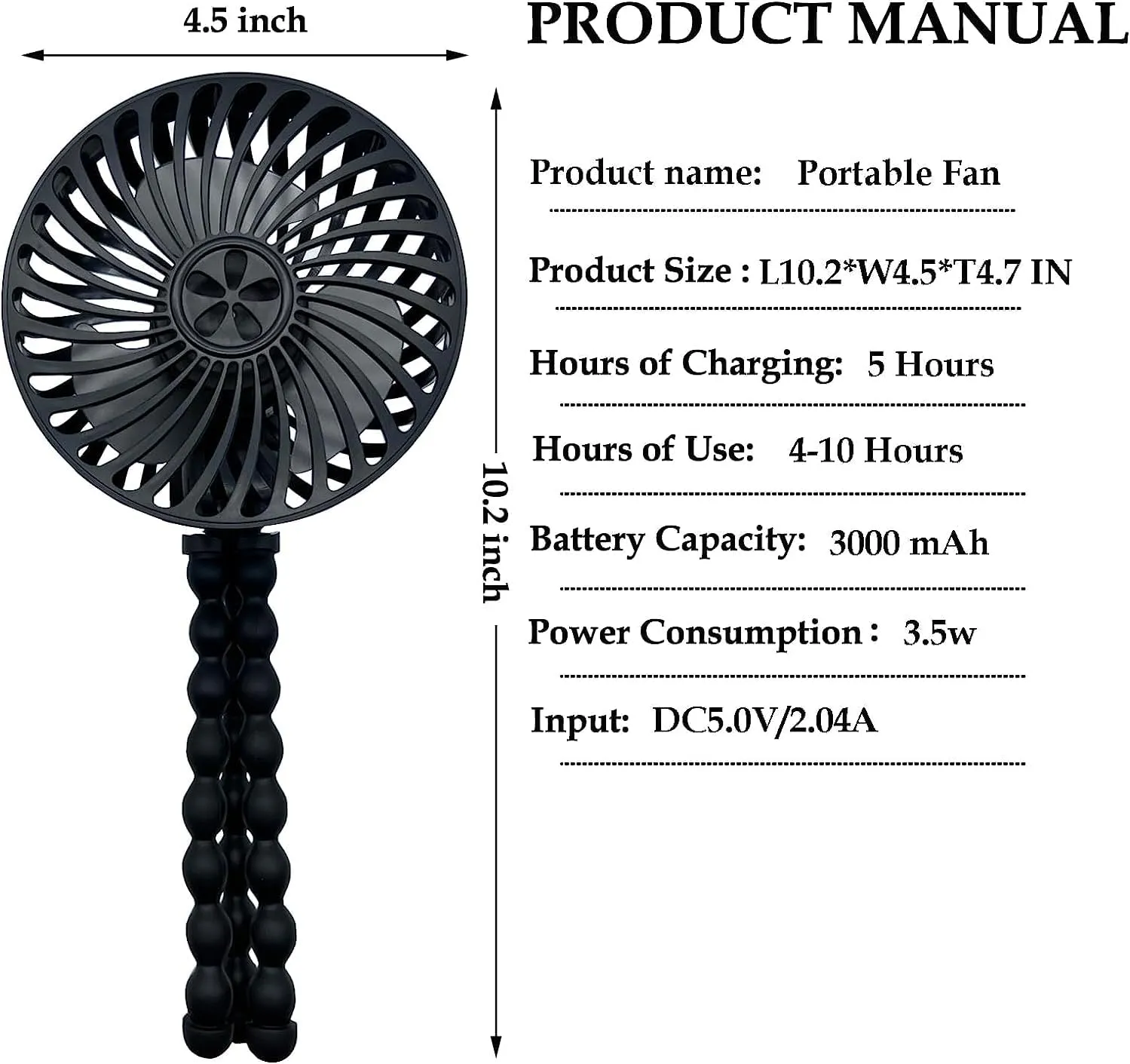 RUN HELIX Stroller Fan Portable with Flexible Tripod Battery Operated Handheld Fan Mini with 3 Speeds USB Rechargeable Baby Fan for Stroller,Car Seat,Desk - Black