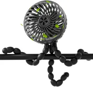 RUN HELIX Stroller Fan Portable with Flexible Tripod Battery Operated Handheld Fan Mini with 3 Speeds USB Rechargeable Baby Fan for Stroller,Car Seat,Desk - Black Rear-mounted fan for childrens safety