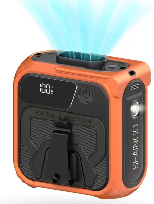 SEAINGO Portable Waist Fan Rechargeable  10000mAh, 42 ft/s Max, 5 Speeds 16000RPM, Personal Cooling Wearable Clip Body Belt Shirt Fans, Hanging Neck Fan with Light for Camping Travel Outdoor Indoor Waist-mounted portable fan for outdoor use