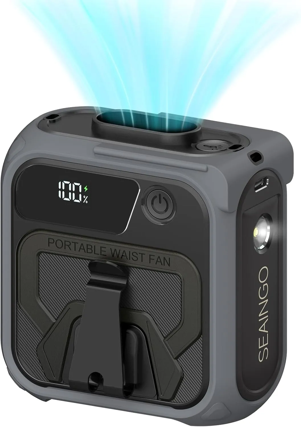 SEAINGO Portable Waist Fan Rechargeable  10000mAh, 42 ft/s Max, 5 Speeds 16000RPM, Personal Cooling Wearable Clip Body Belt Shirt Fans, Hanging Neck Fan with Light for Camping Travel Outdoor Indoor Waist-mounted portable fan for outdoor use