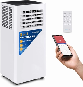 SereneLife Small Air Conditioner Portable 8,000 BTU with Built-in Dehumidifier - Portable AC unit for rooms up to 350 sq ft - WiFi app   Remote Control, Window Mount Exhaust Kit App-controlled remote fan for convenience