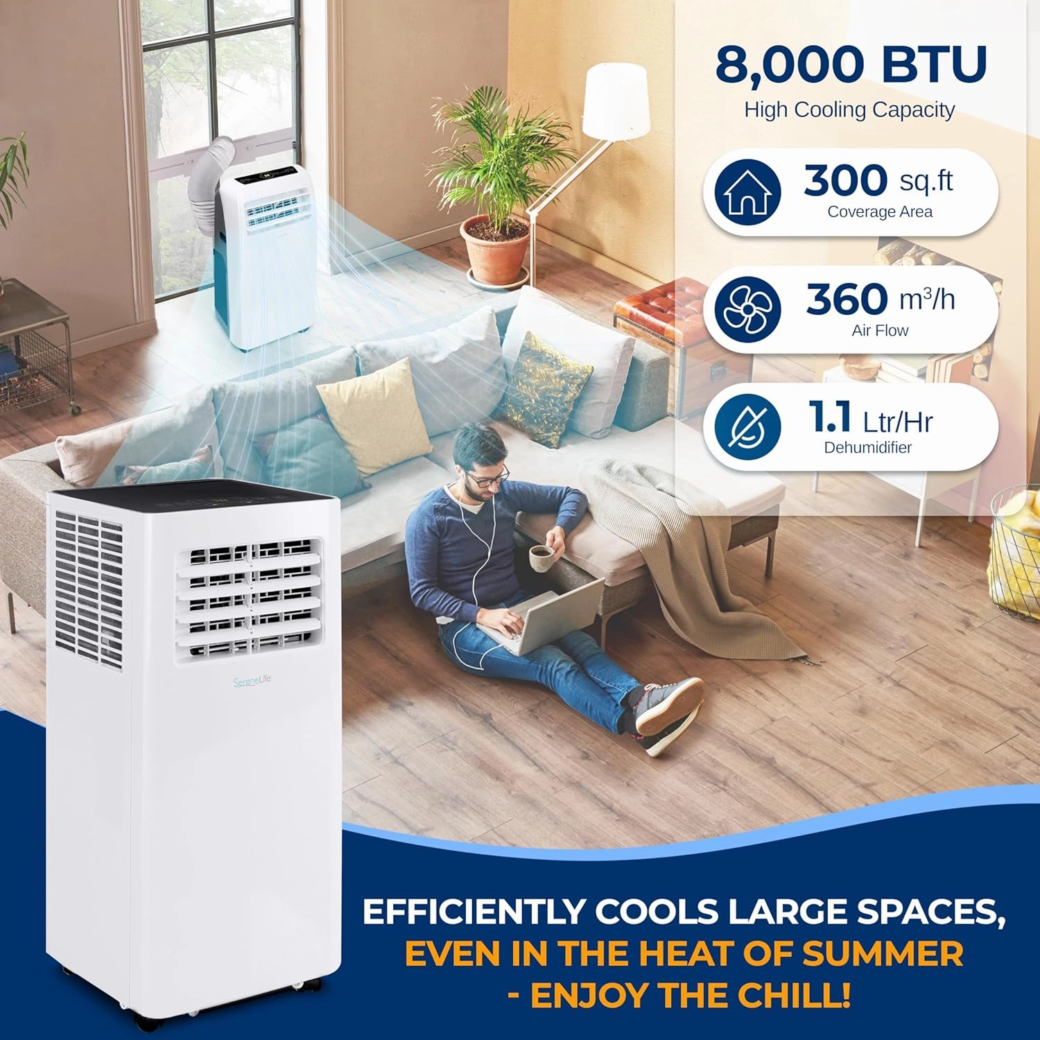 SereneLife Small Air Conditioner Portable 8,000 BTU with Built-in Dehumidifier - Portable AC unit for rooms up to 350 sq ft - WiFi app   Remote Control, Window Mount Exhaust Kit