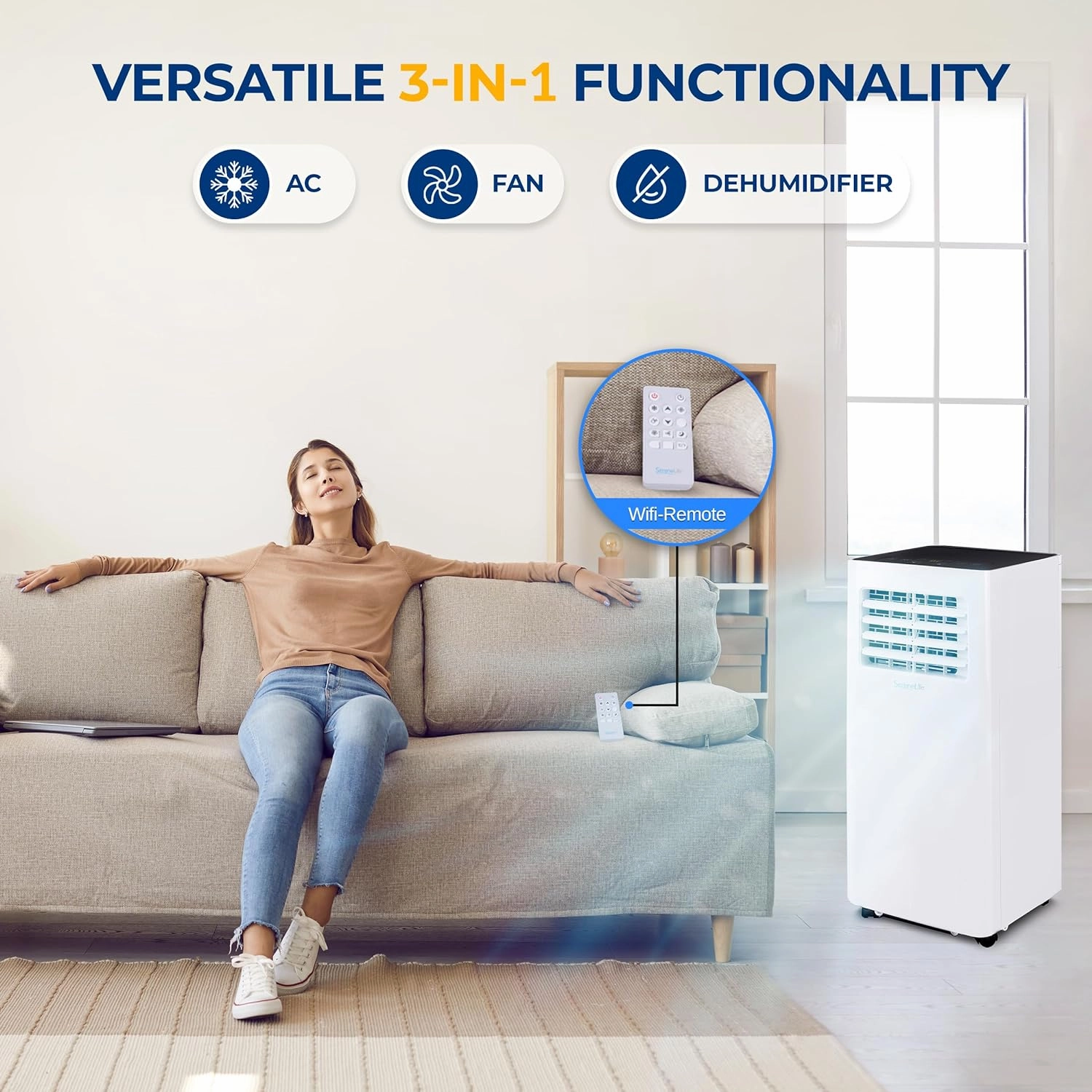 SereneLife Small Air Conditioner Portable 8,000 BTU with Built-in Dehumidifier - Portable AC unit for rooms up to 350 sq ft - WiFi app   Remote Control, Window Mount Exhaust Kit