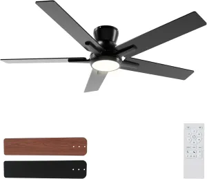 Sevenine 52 Inch Black Flush Mount Ceiling Fans with Lights and Remote, Black Low Profile Ceiling Fan for Bedroom Living Room Patio/Outdoor, Quiet 6 Speed Reversible DC Motor, 3CCT, Dimmable, 3 Timers Fan with safety blade design