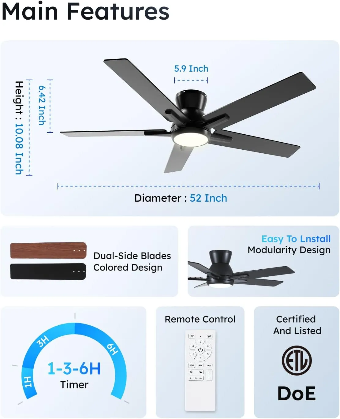 Sevenine 52 Inch Black Flush Mount Ceiling Fans with Lights and Remote, Black Low Profile Ceiling Fan for Bedroom Living Room Patio/Outdoor, Quiet 6 Speed Reversible DC Motor, 3CCT, Dimmable, 3 Timers