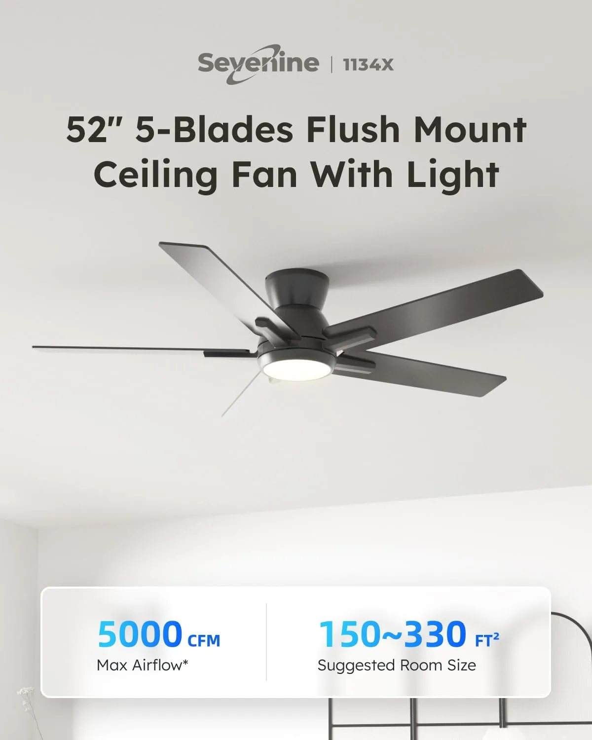 Sevenine 52 Inch Black Flush Mount Ceiling Fans with Lights and Remote, Black Low Profile Ceiling Fan for Bedroom Living Room Patio/Outdoor, Quiet 6 Speed Reversible DC Motor, 3CCT, Dimmable, 3 Timers