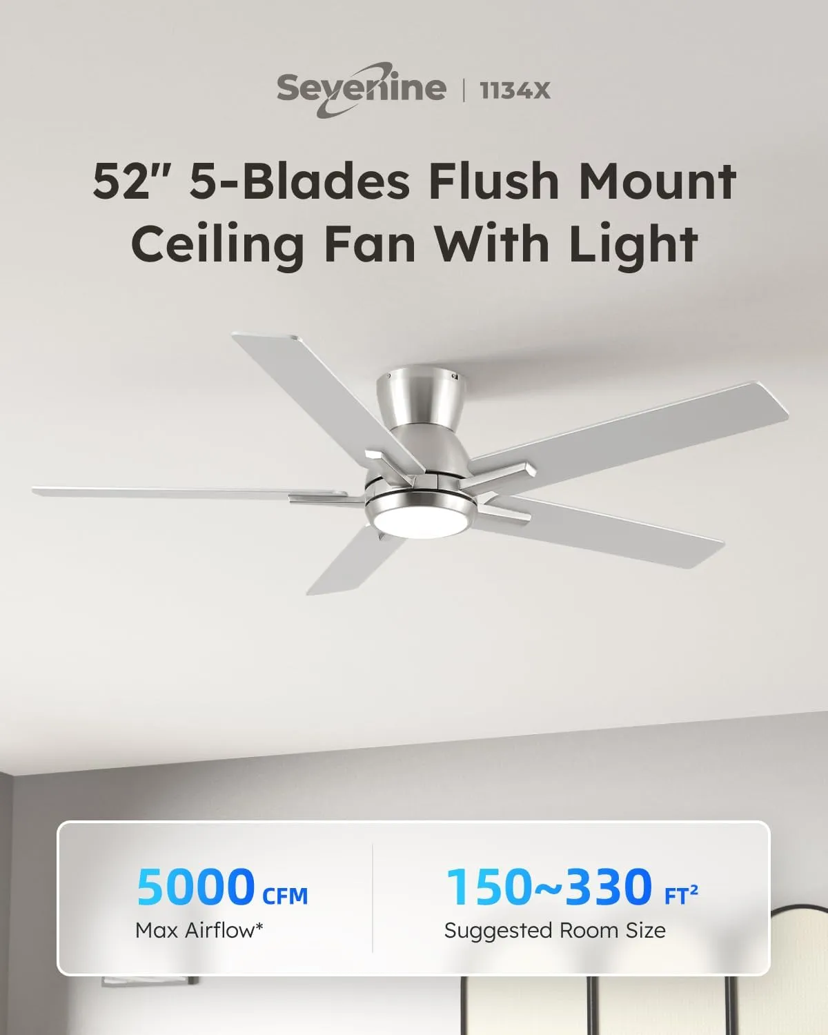 Sevenine 52 Inch Brushed Nickel Flush Mount Ceiling Fans with Lights and Remote, Low Profile Nickel Ceiling Fans for Bedroom Living Room Patio Porch, Quiet 6 Speed Reversible DC Motor, 3CCT, Dimmable