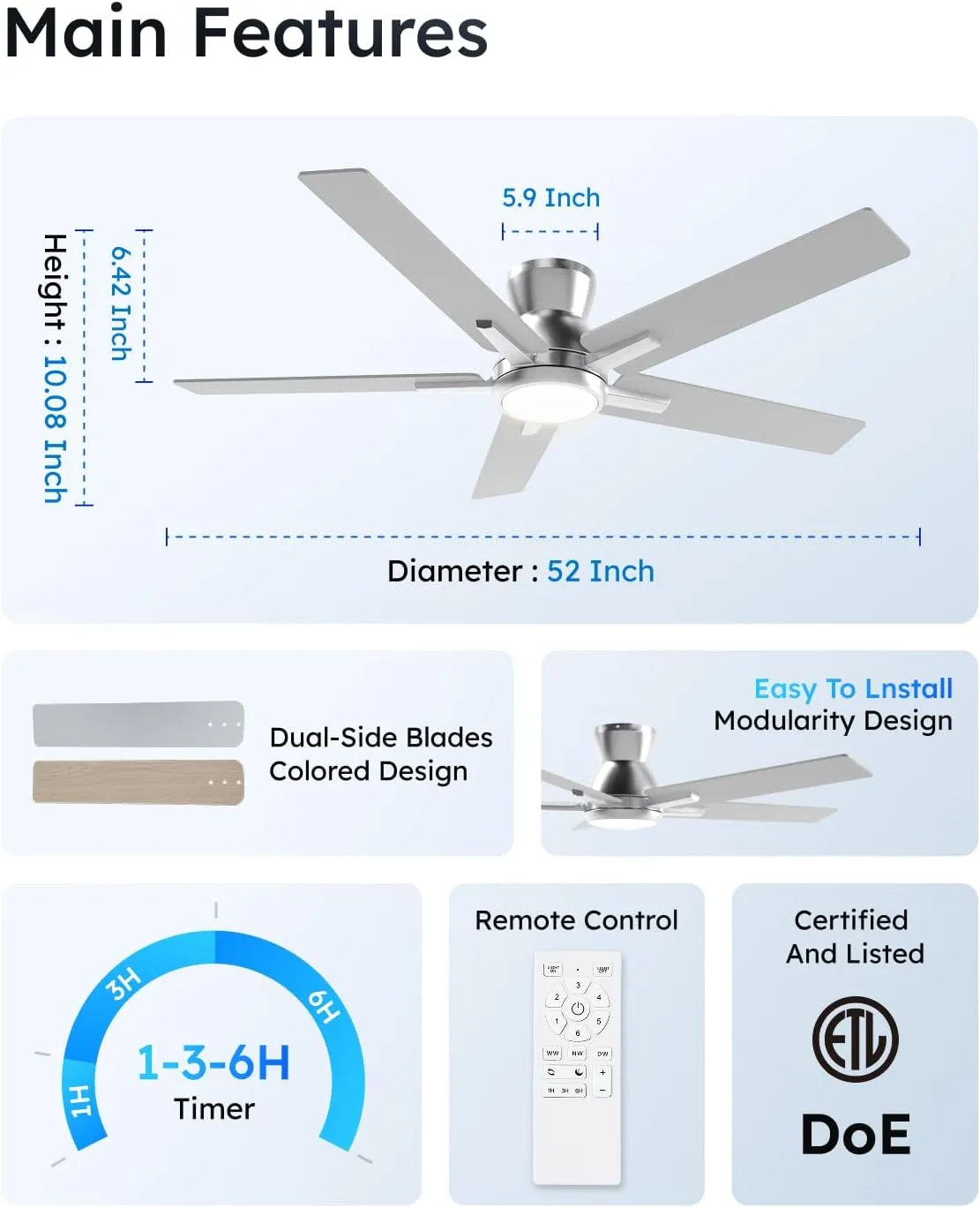 Sevenine 52 Inch Brushed Nickel Flush Mount Ceiling Fans with Lights and Remote, Low Profile Nickel Ceiling Fans for Bedroom Living Room Patio Porch, Quiet 6 Speed Reversible DC Motor, 3CCT, Dimmable