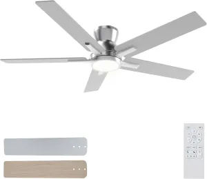 Sevenine 52 Inch Brushed Nickel Flush Mount Ceiling Fans with Lights and Remote, Low Profile Nickel Ceiling Fans for Bedroom Living Room Patio Porch, Quiet 6 Speed Reversible DC Motor, 3CCT, Dimmable Fan with safety blade design