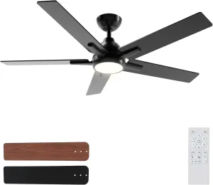 Sevenine 52 Inch Ceiling Fans with Lights and Remote, Black Ceiling Fan with 5 Balde for Outdoor/Bedroom Living Room, Downrod, 6 Speed Reversible DC Motor, 3CCT Dimmable Timer Noiseless, ETL Listed Fan with safety blade design