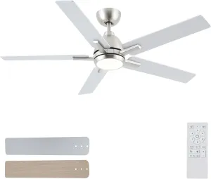 Sevenine 52 Inch Ceiling Fans with Lights and Remote, Brushed Nickel Ceiling Fan with 5 Balde for Outdoor/Bedroom Living Room, Downrod, 6 Speed Reversible DC Motor, 3CCT Dimmable Timer, ETL Listed Fan with safety blade design