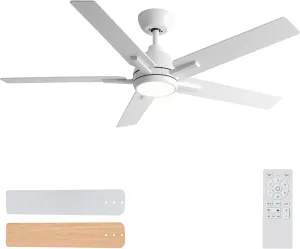 Sevenine 52 Inch Ceiling Fans with Lights and Remote, White Ceiling Fan with 5 Balde for Outdoor/Bedroom Living Room, Downrod, 6 Speed Reversible DC Motor, 3CCT Dimmable Timer Noiseless, ETL Listed Fan with safety blade design