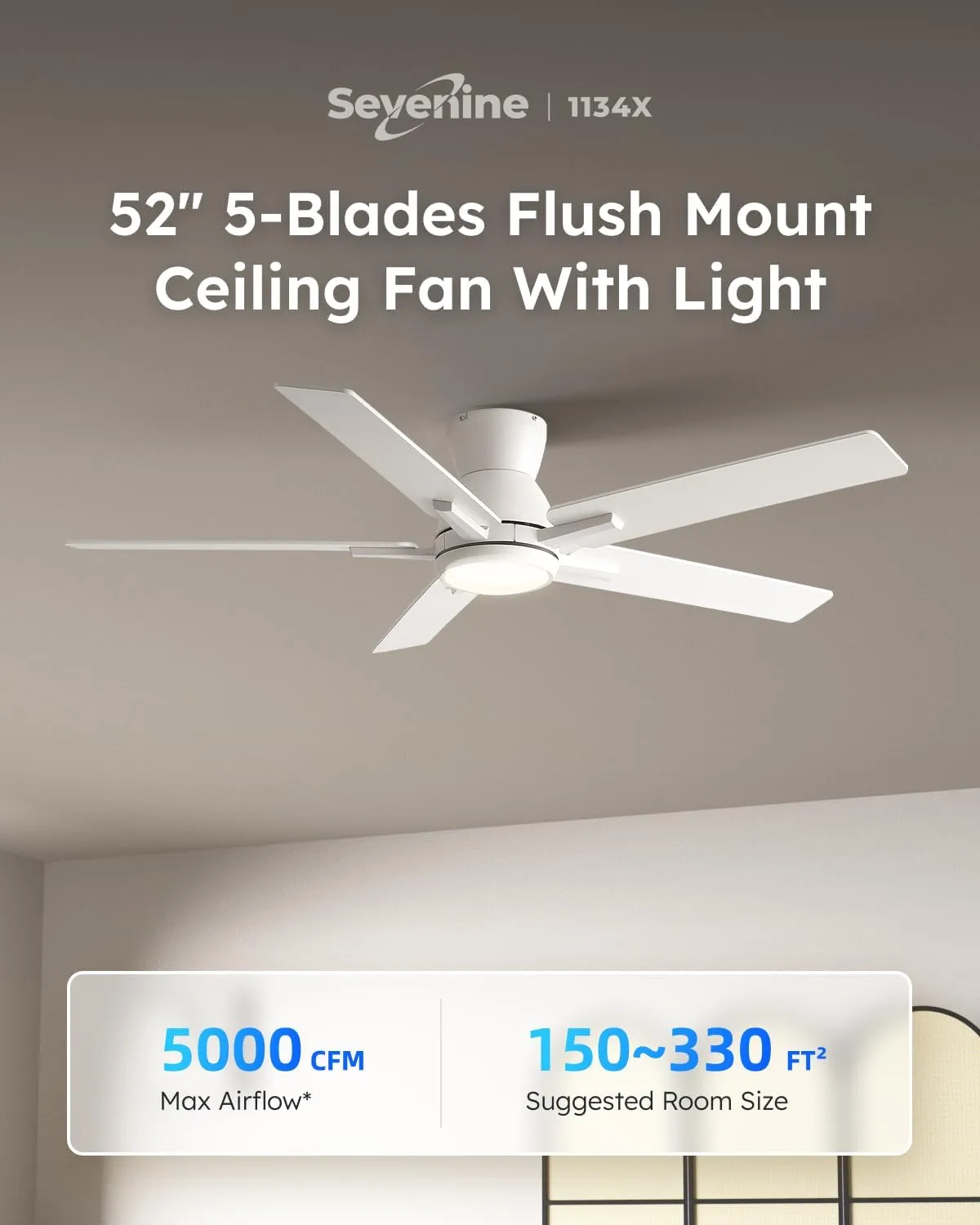 Sevenine 52 Inch White Flush Mount Ceiling Fans with Lights and Remote, White Low Profile Ceiling Fan for Bedroom Living Room Patio/Outdoor, Quiet 6 Speed Reversible DC Motor, 3CCT, Dimmable, 3 Timer