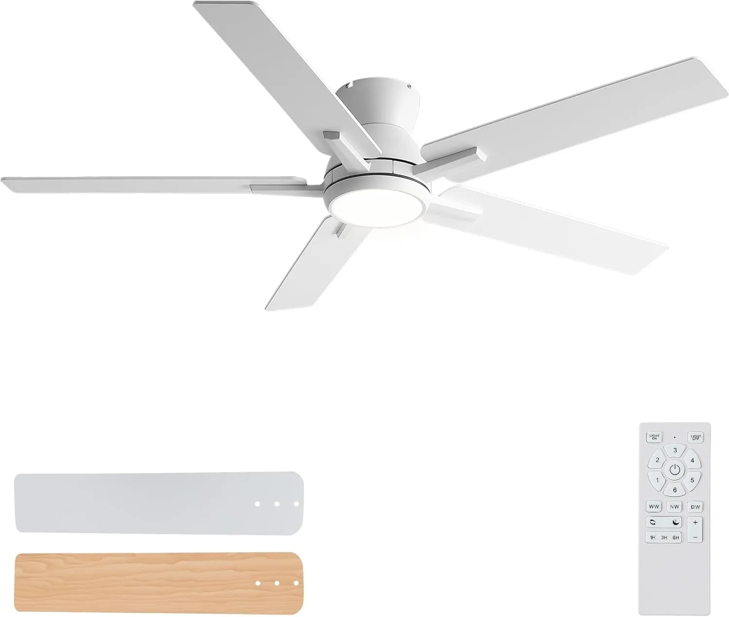 Sevenine 52 Inch White Flush Mount Ceiling Fans with Lights and Remote, White Low Profile Ceiling Fan for Bedroom Living Room Patio/Outdoor, Quiet 6 Speed Reversible DC Motor, 3CCT, Dimmable, 3 Timer Fan with safety blade design