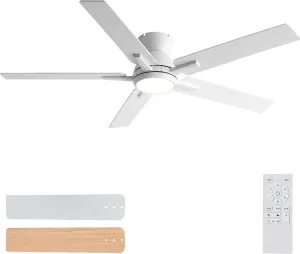 Sevenine 52 Inch White Flush Mount Ceiling Fans with Lights and Remote, White Low Profile Ceiling Fan for Bedroom Living Room Patio/Outdoor, Quiet 6 Speed Reversible DC Motor, 3CCT, Dimmable, 3 Timer Fan with safety blade design