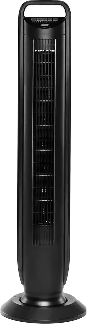 Seville Classics UltraSlimline Indoor Bladeless Oscillating Tower Fan Quiet Cooling LED Display Space-Saving for Home w/Remote and 7.5H Timer, Black, 40" 5-speed (115 degrees) Tower bladeless fan for modern homes